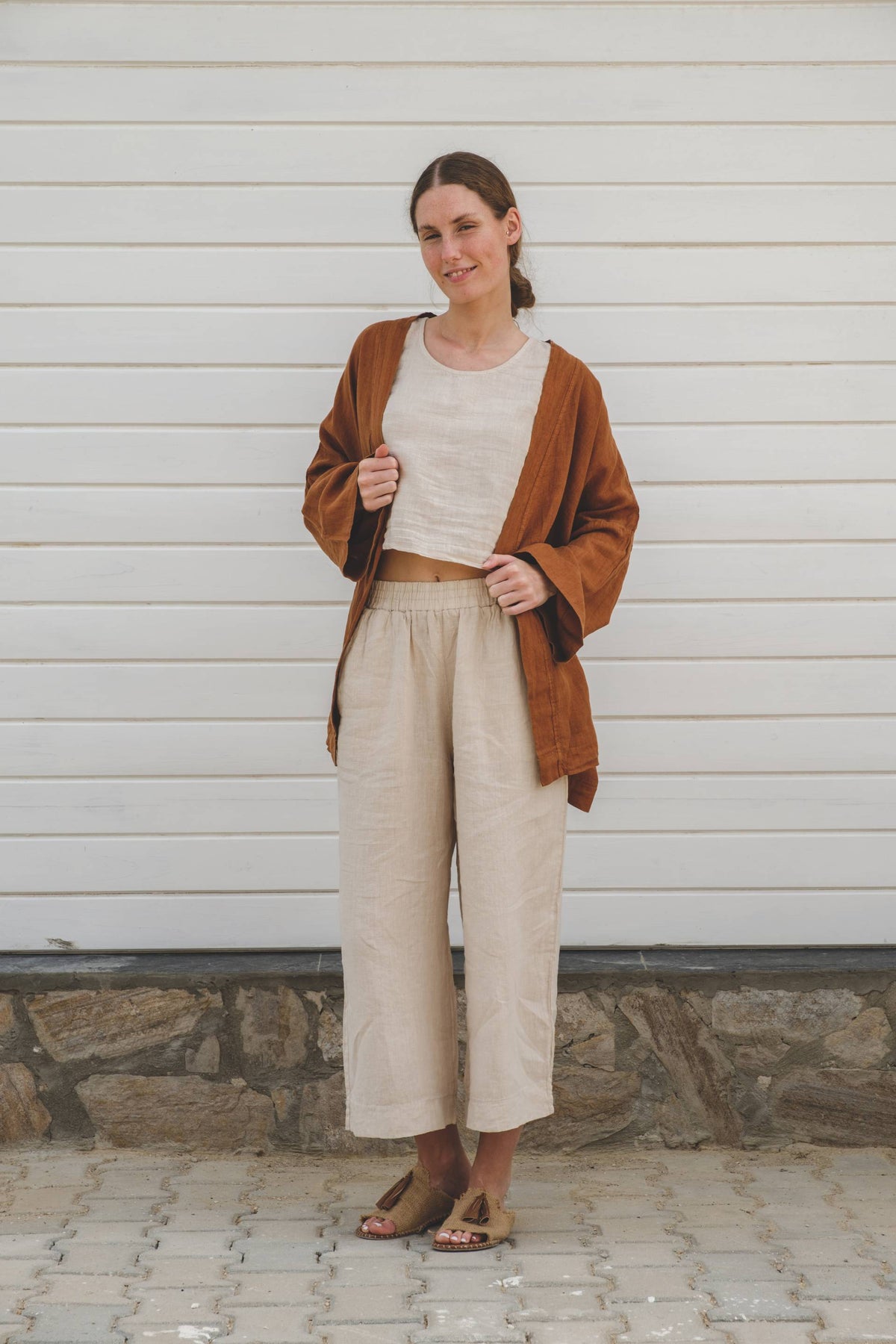 Saf Keten Kısa Kimono #renk_Kiremit