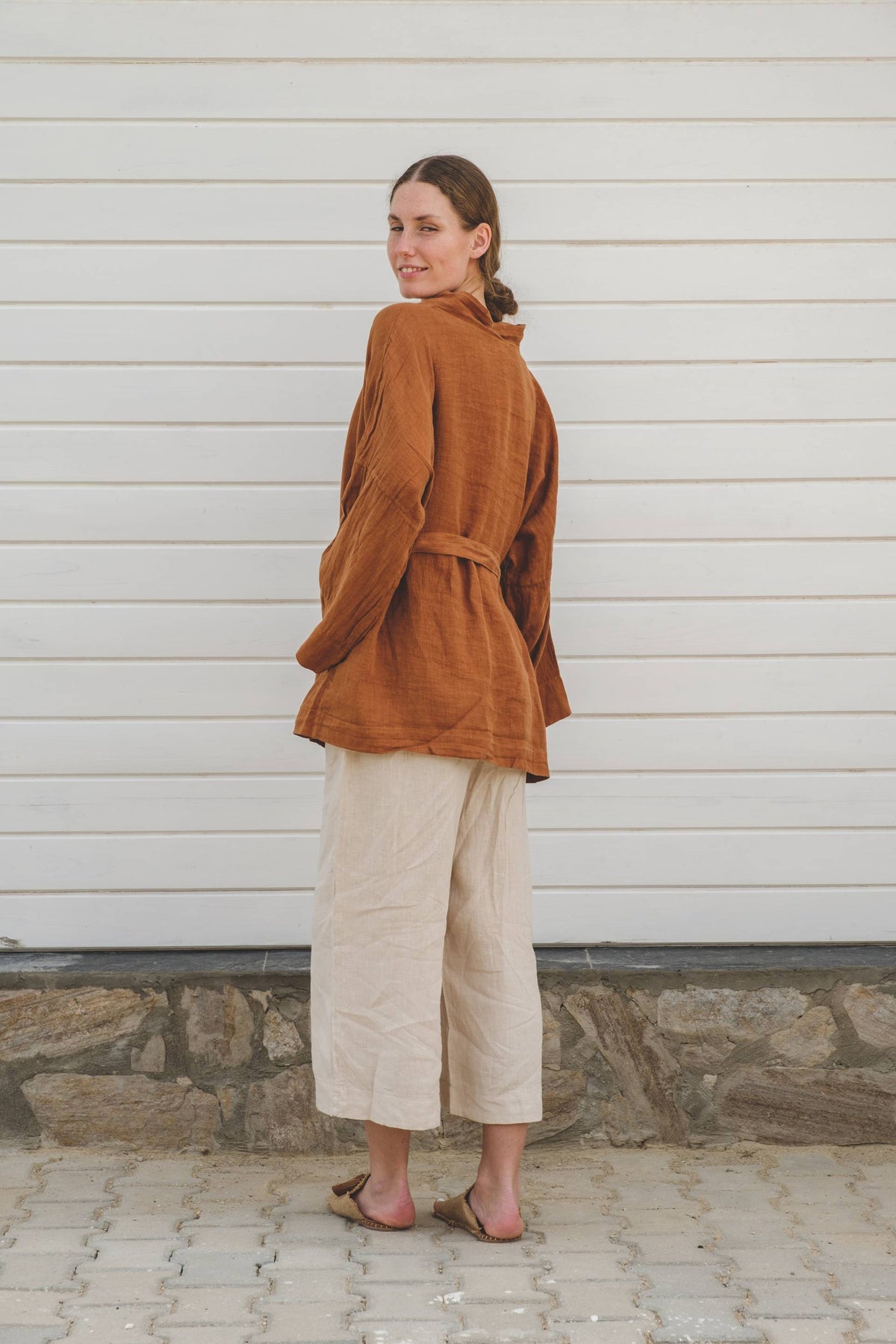 Saf Keten Kısa Kimono #renk_Kiremit