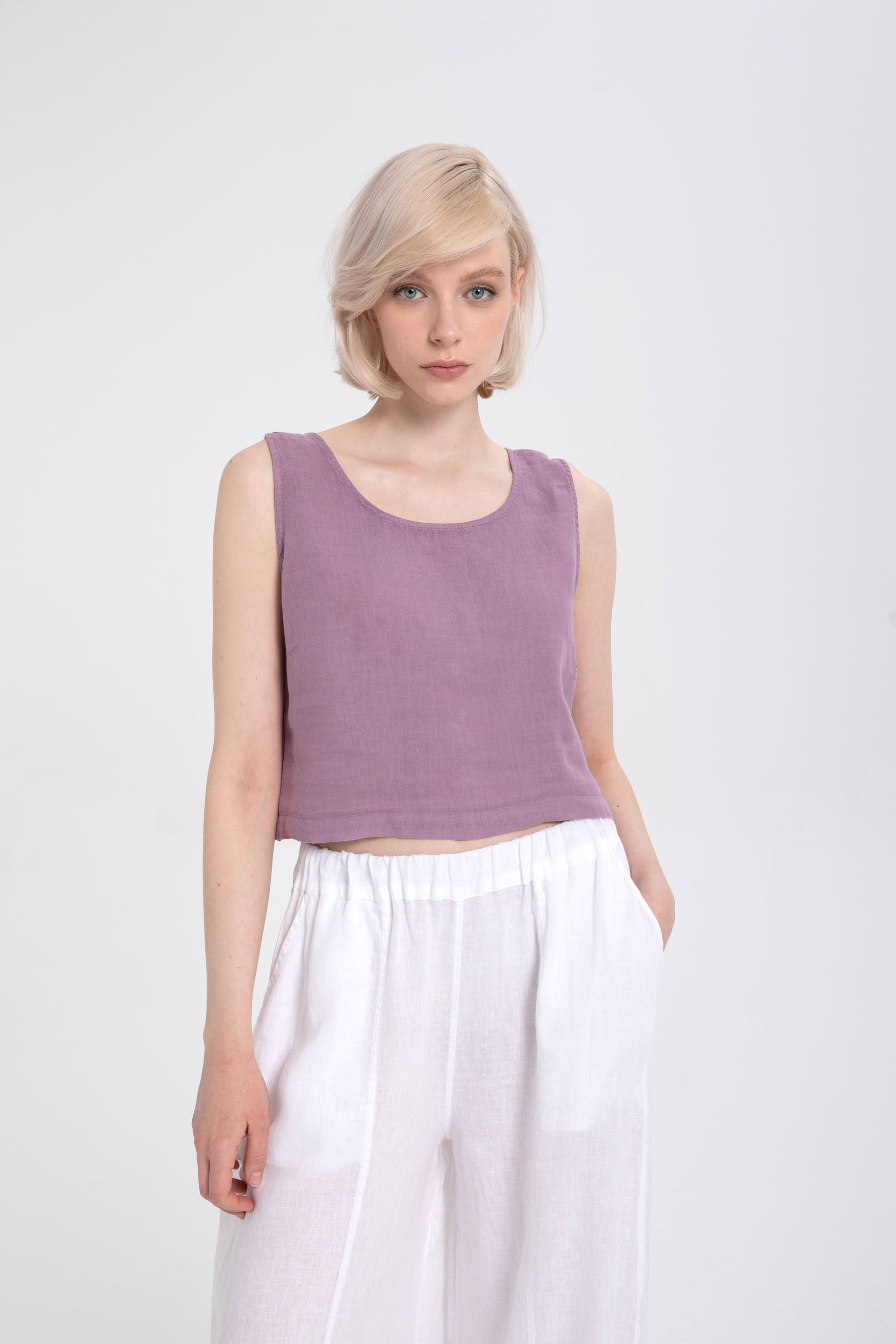 Saf Keten Arkadan Düğmeli Crop #renk_Mor