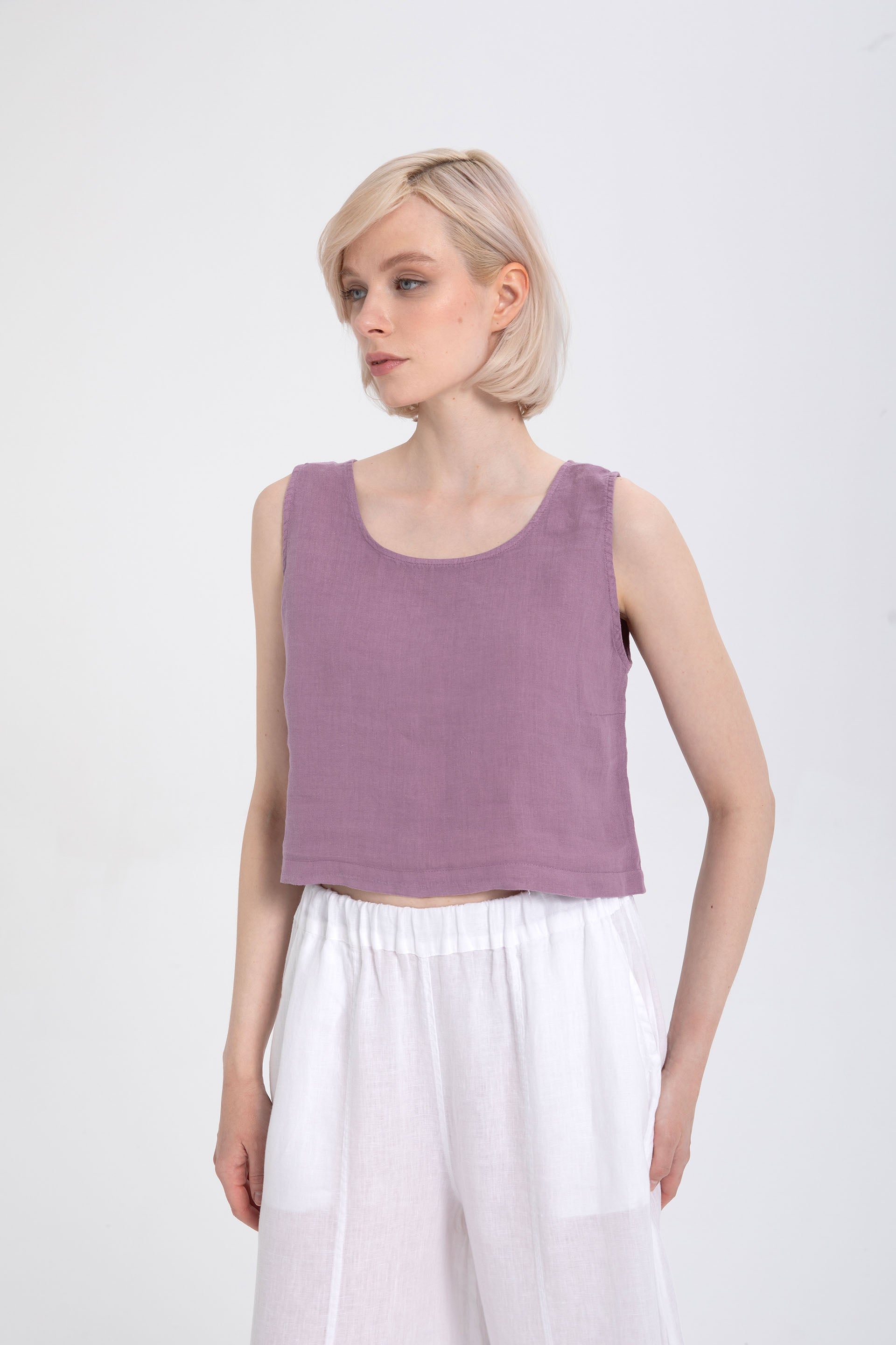 Saf Keten Arkadan Düğmeli Crop #renk_Mor