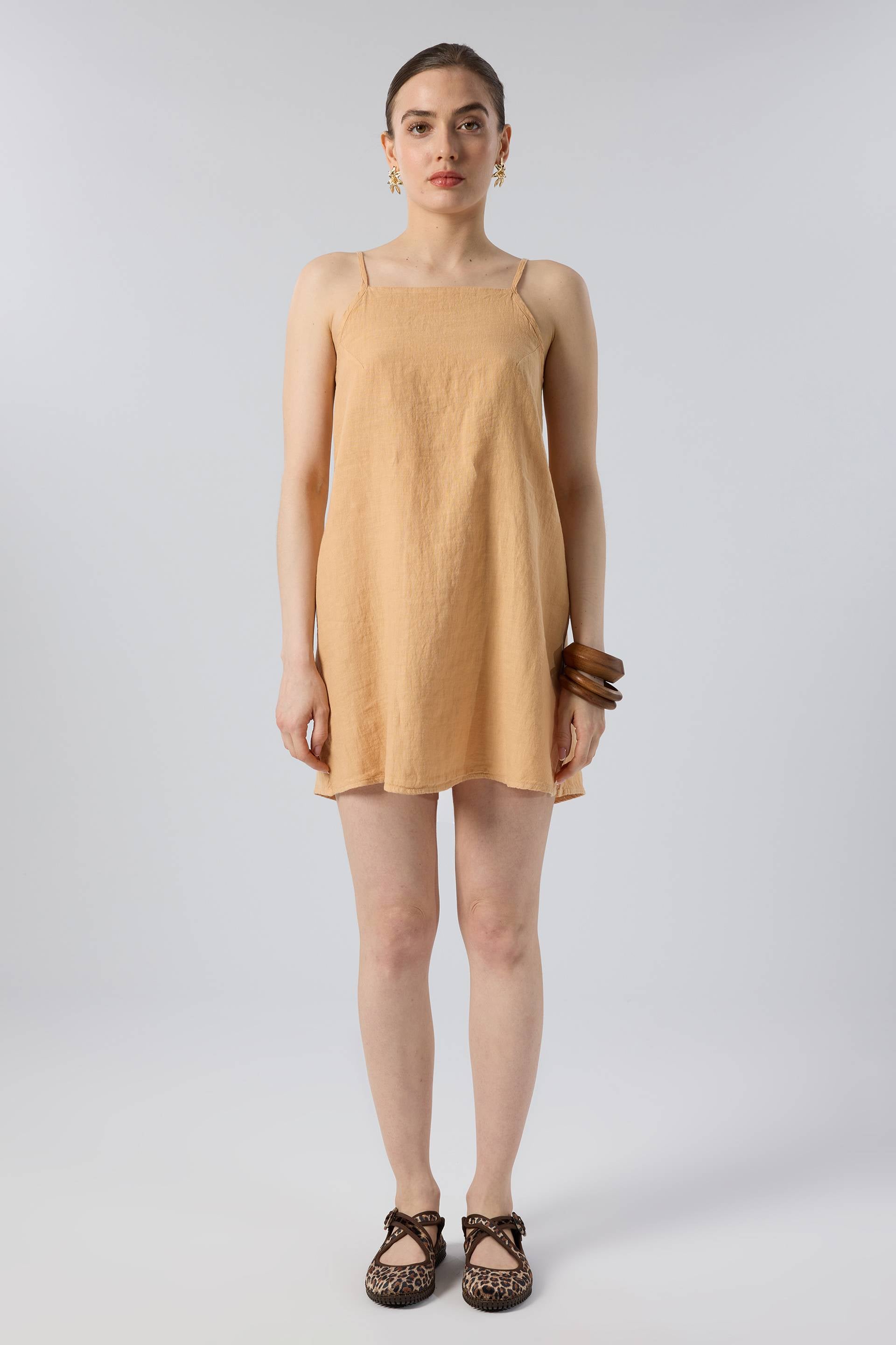 Askılı Keten Kısa Elbise #renk_Kil Beji