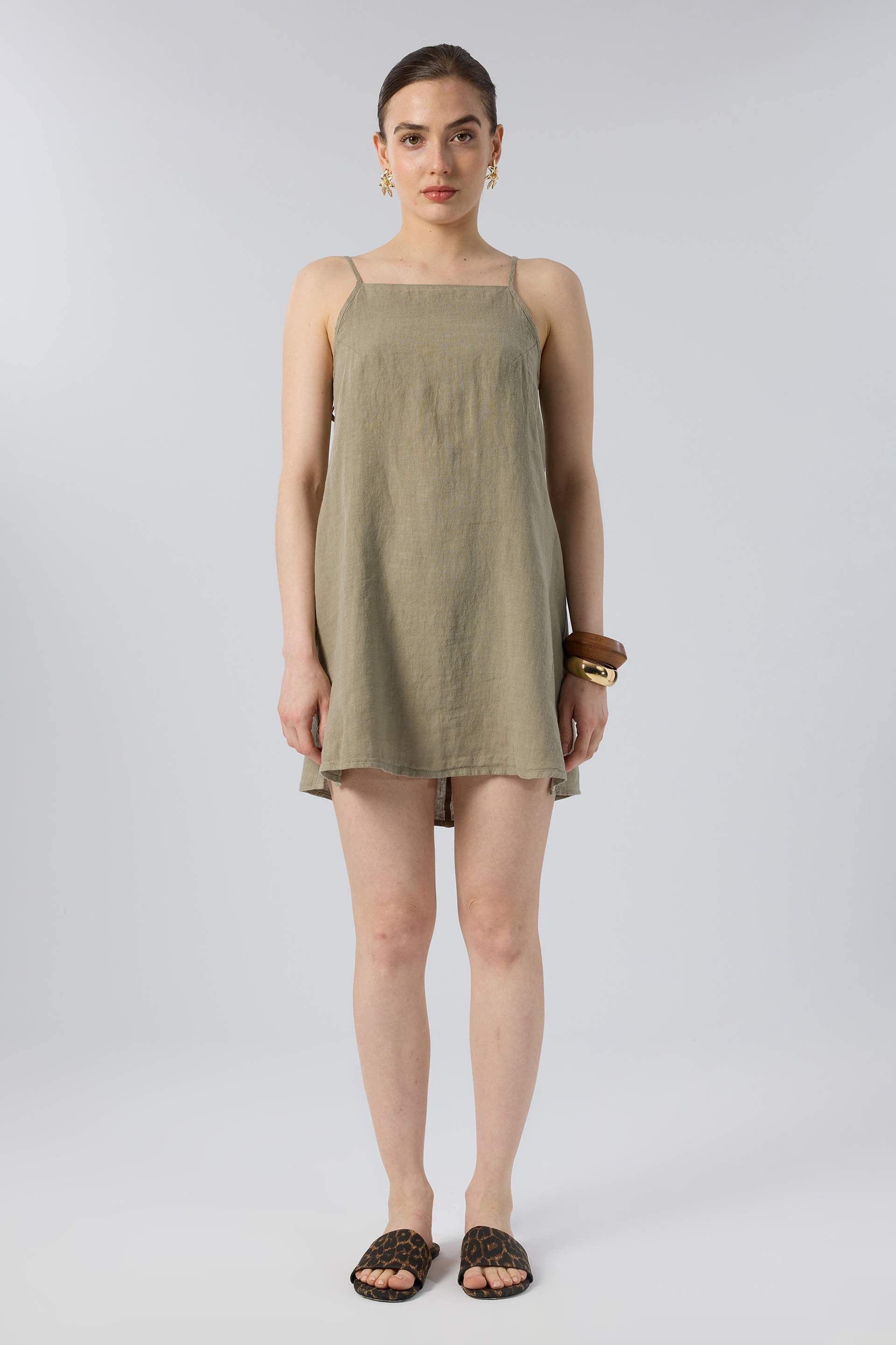 Askılı Keten Kısa Elbise #renk_Olive