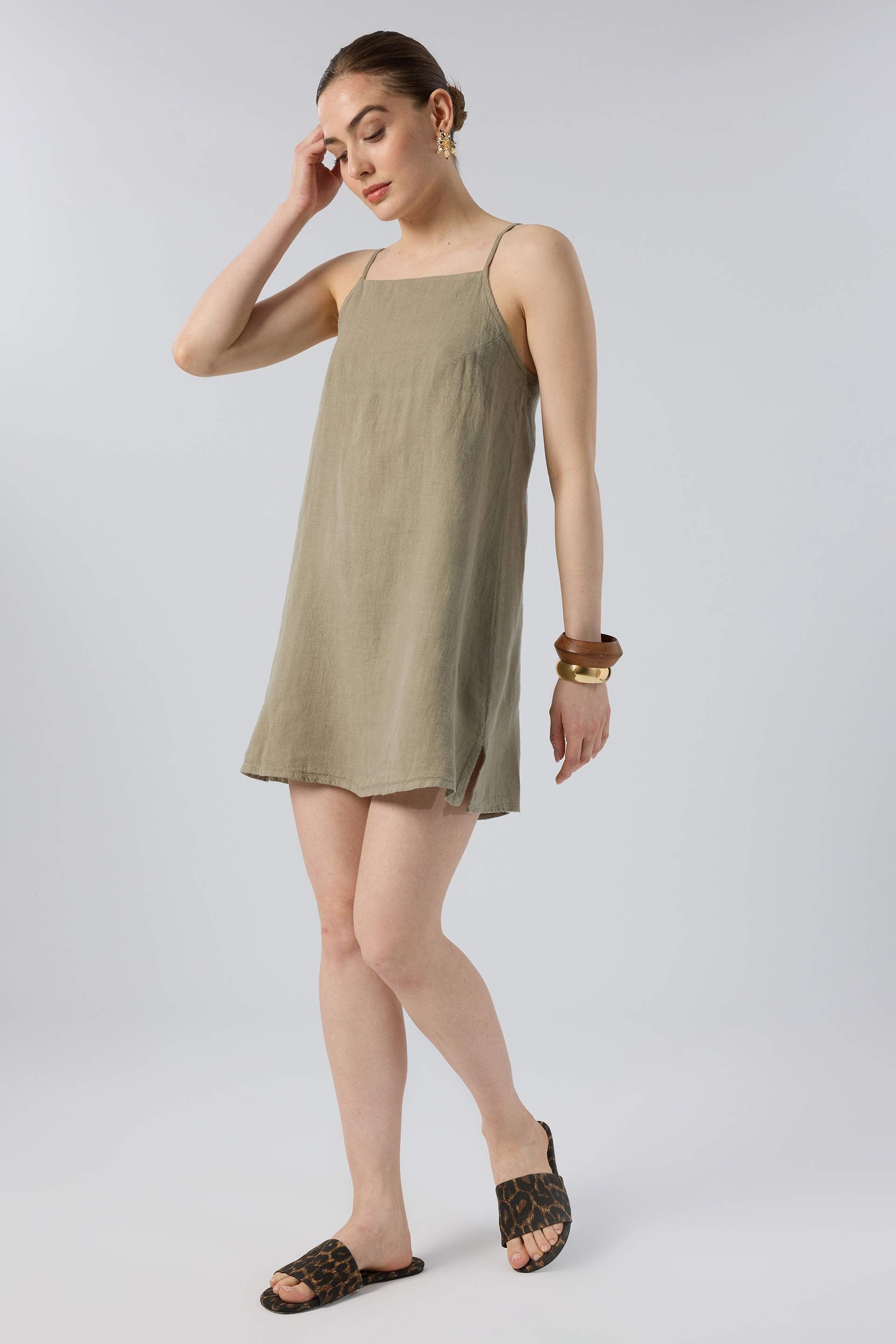 Askılı Keten Kısa Elbise #renk_Olive