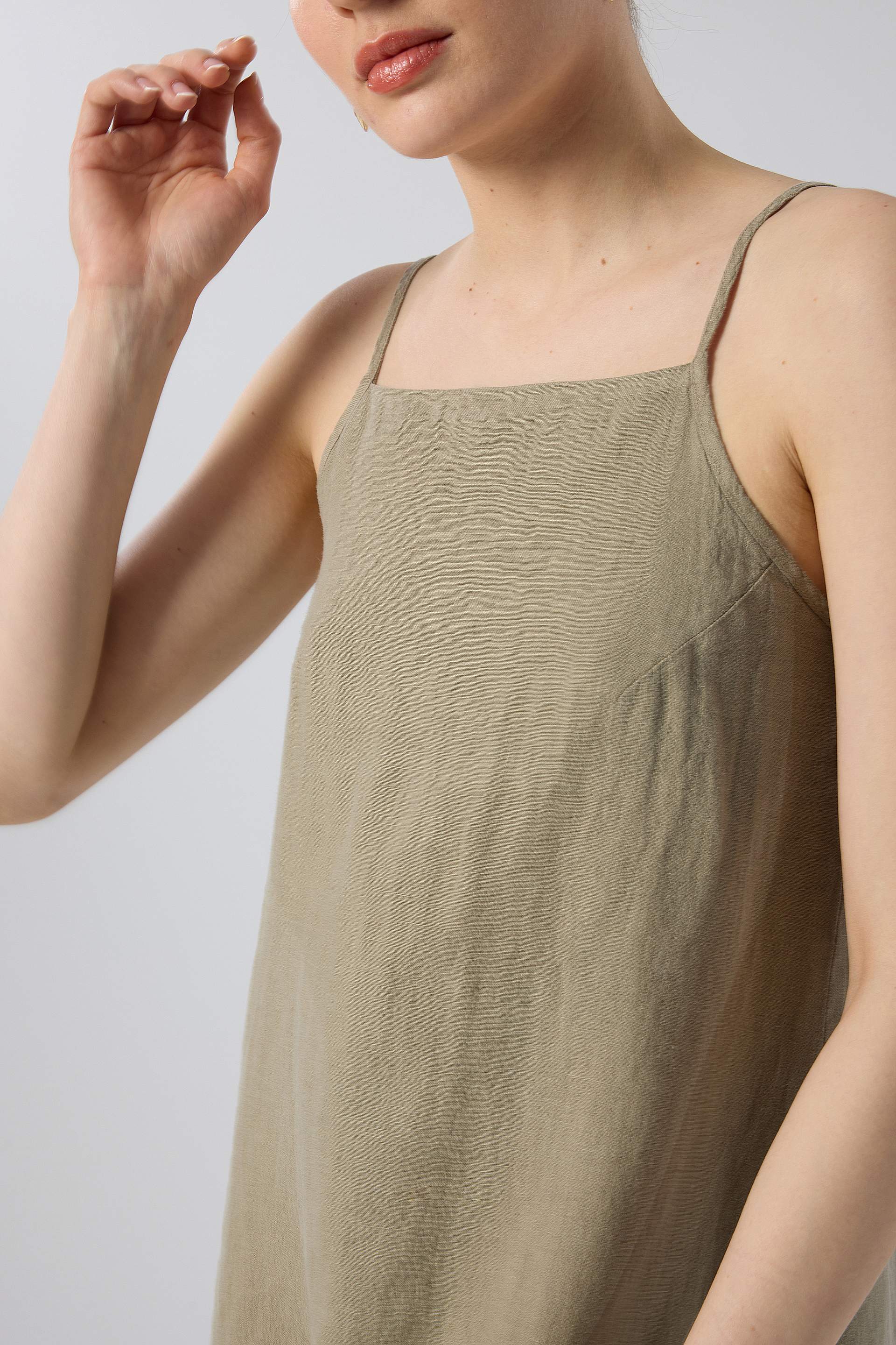 Askılı Keten Kısa Elbise #renk_Olive