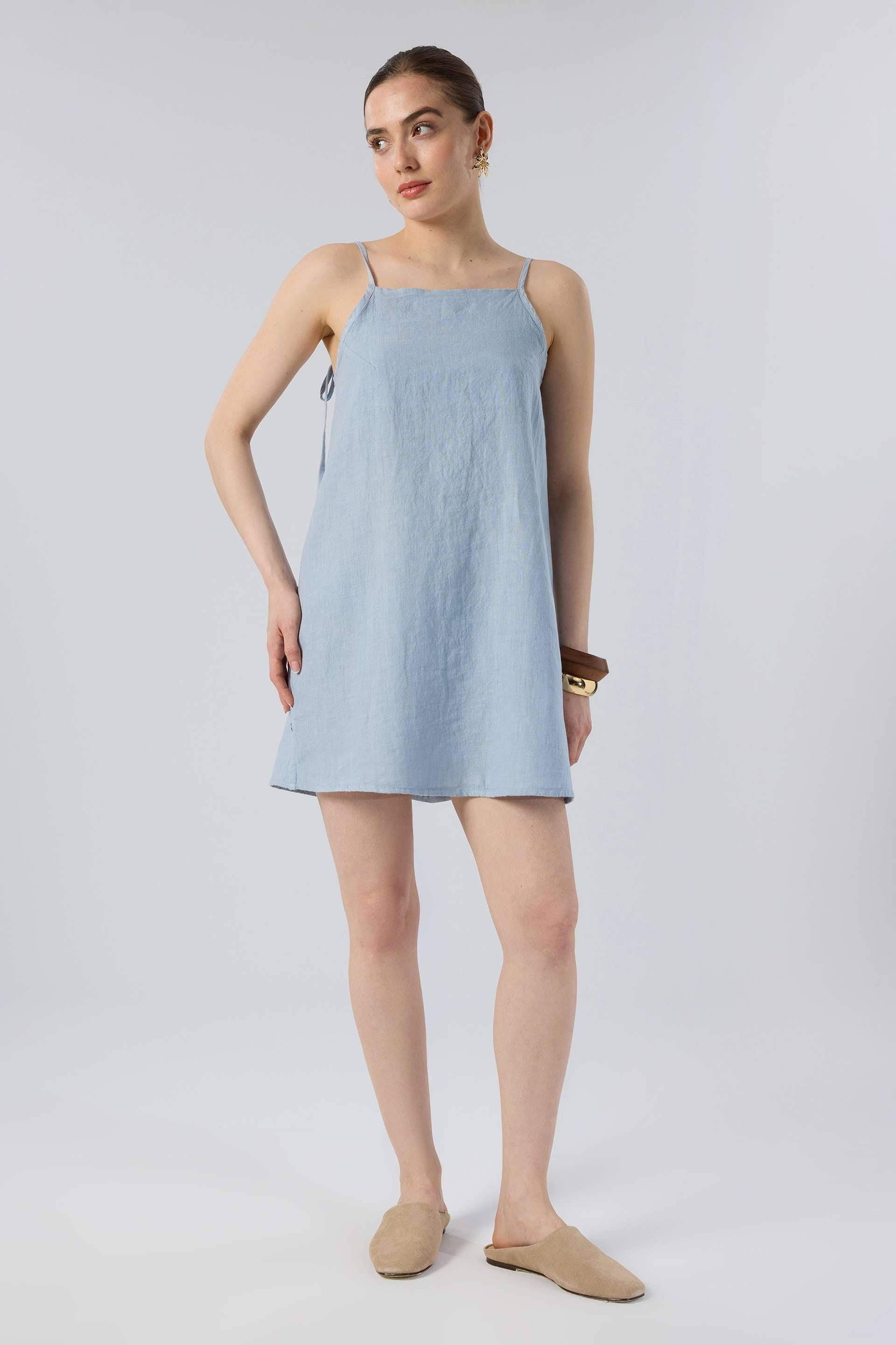 Askılı Keten Kısa Elbise #renk_Sisli Mavi