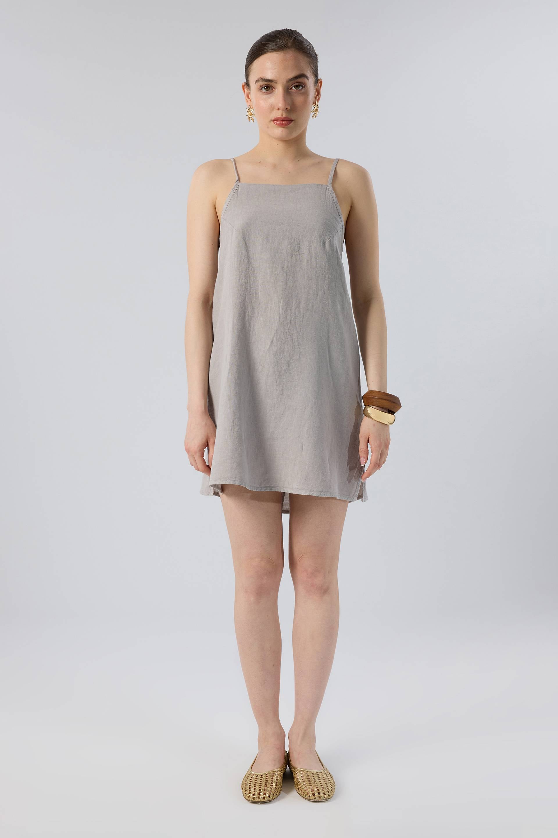 Askılı Keten Kısa Elbise #renk_Taş Gri