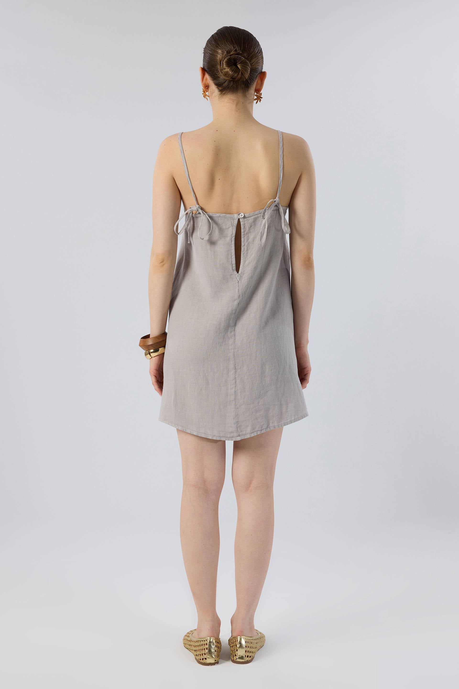 Askılı Keten Kısa Elbise #renk_Taş Gri