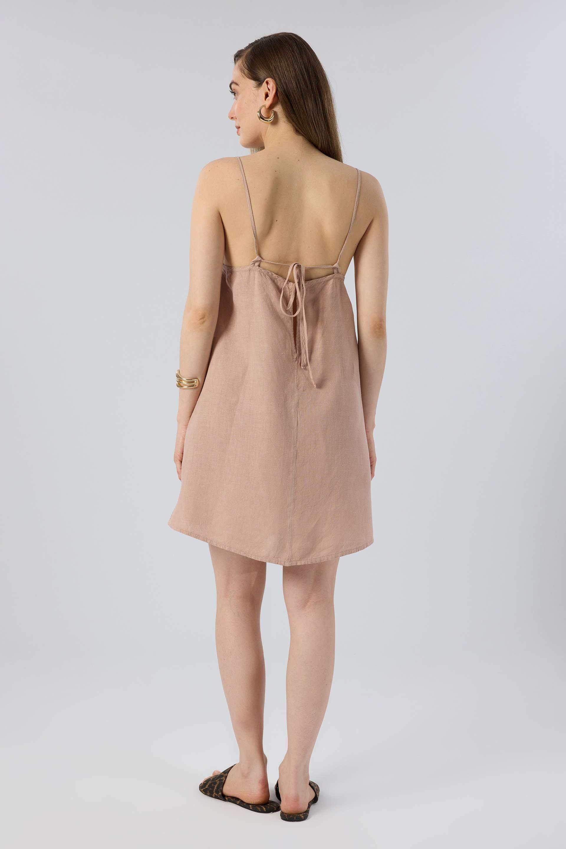 Askılı Keten Kısa Elbise #renk_Toprak Beji