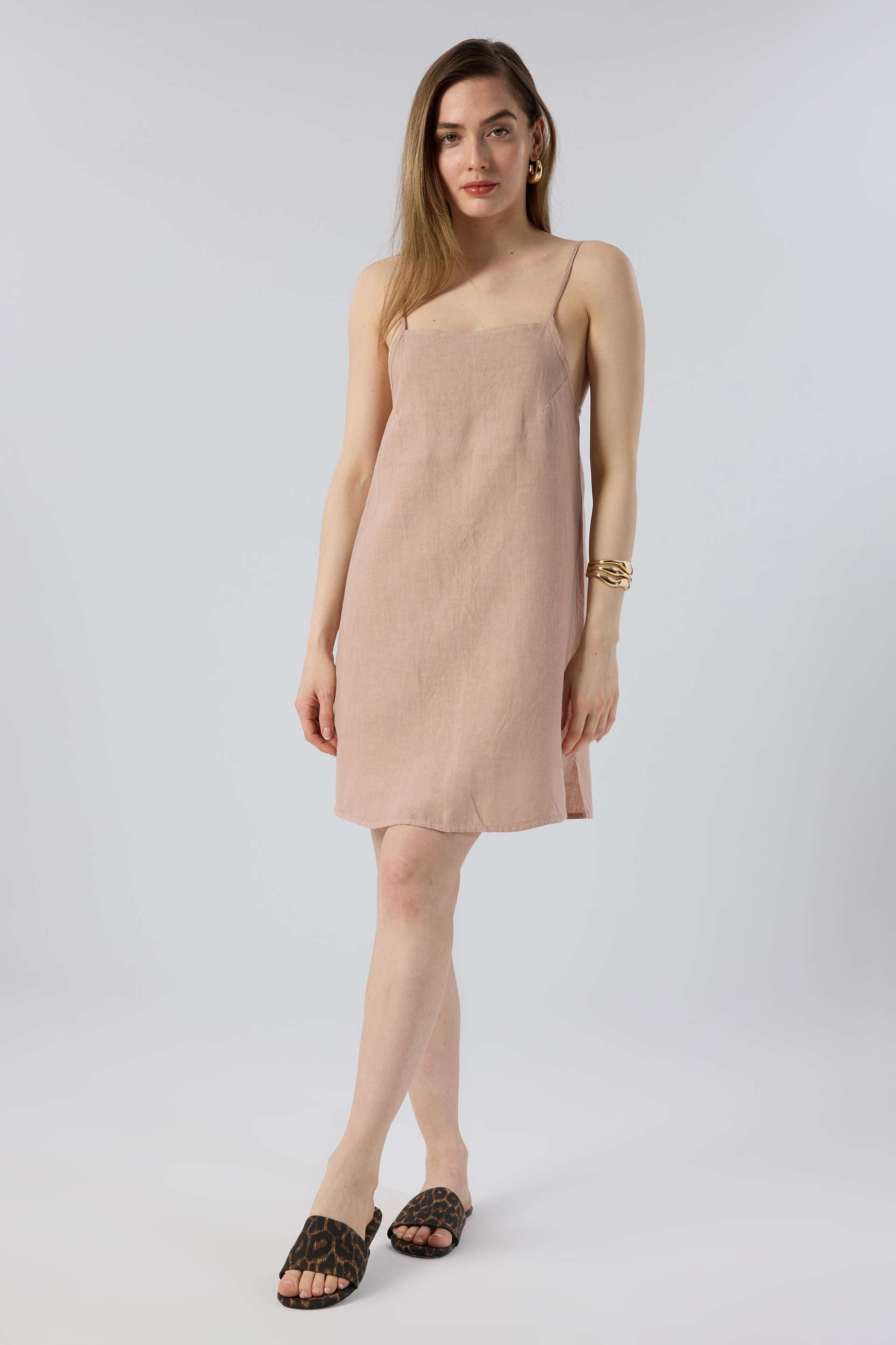 Askılı Keten Kısa Elbise #renk_Toprak Beji