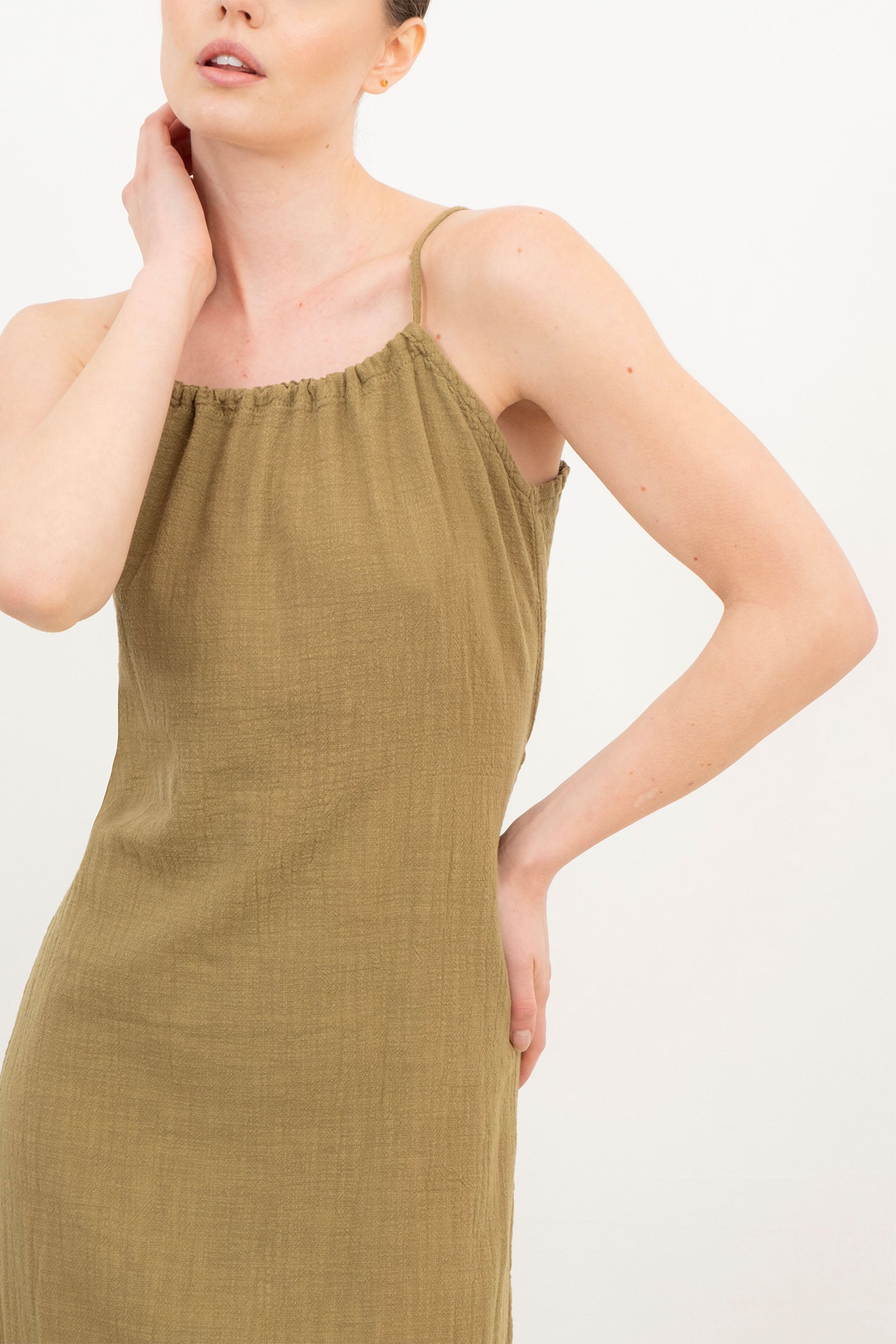 Pamuk İp Askılı Sırt Dekolteli Kadın Elbise / Haki #Renk_Haki