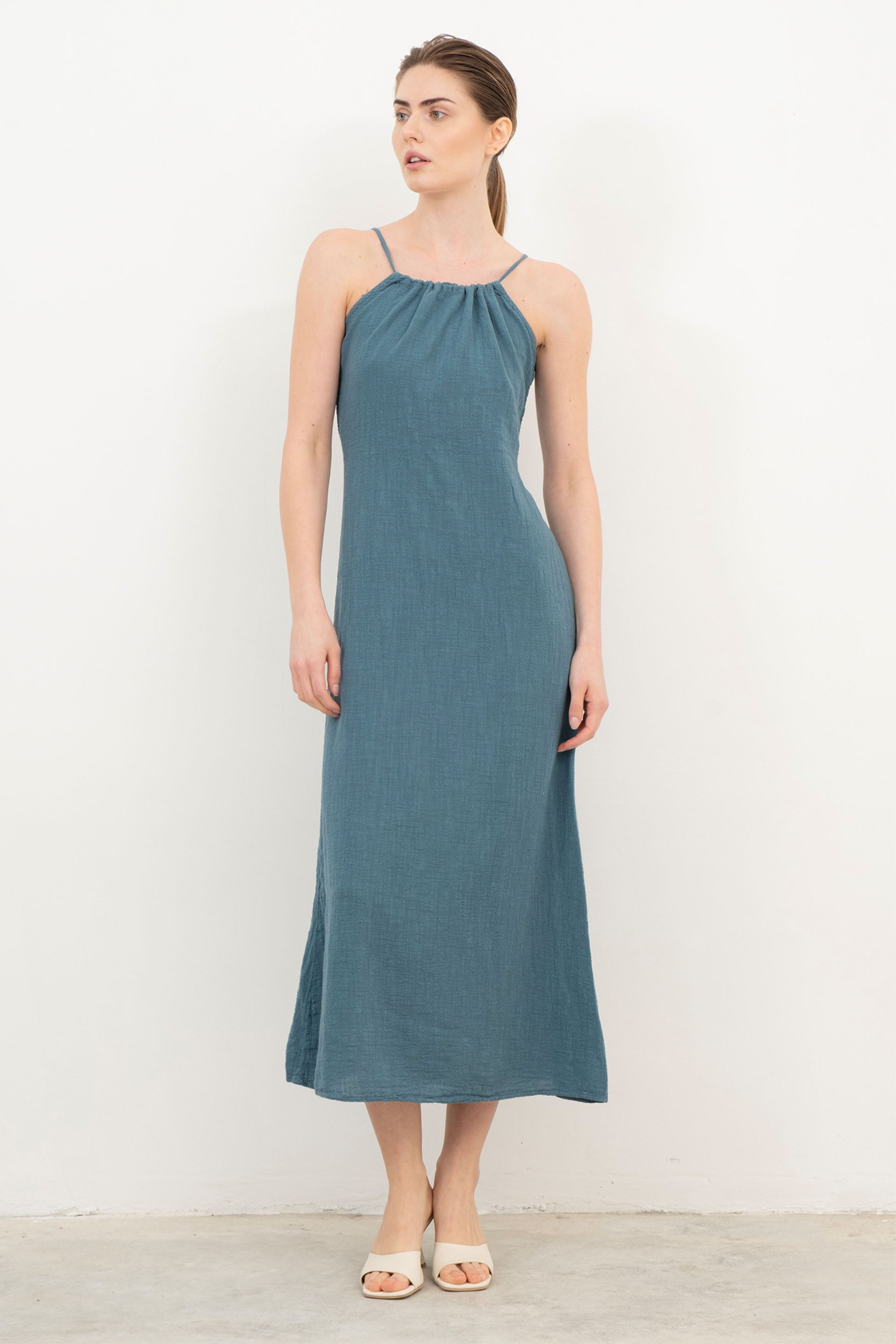 Pamuk İp Askılı Sırt Dekolteli Kadın Elbise / Petrol #Renk_Petrol