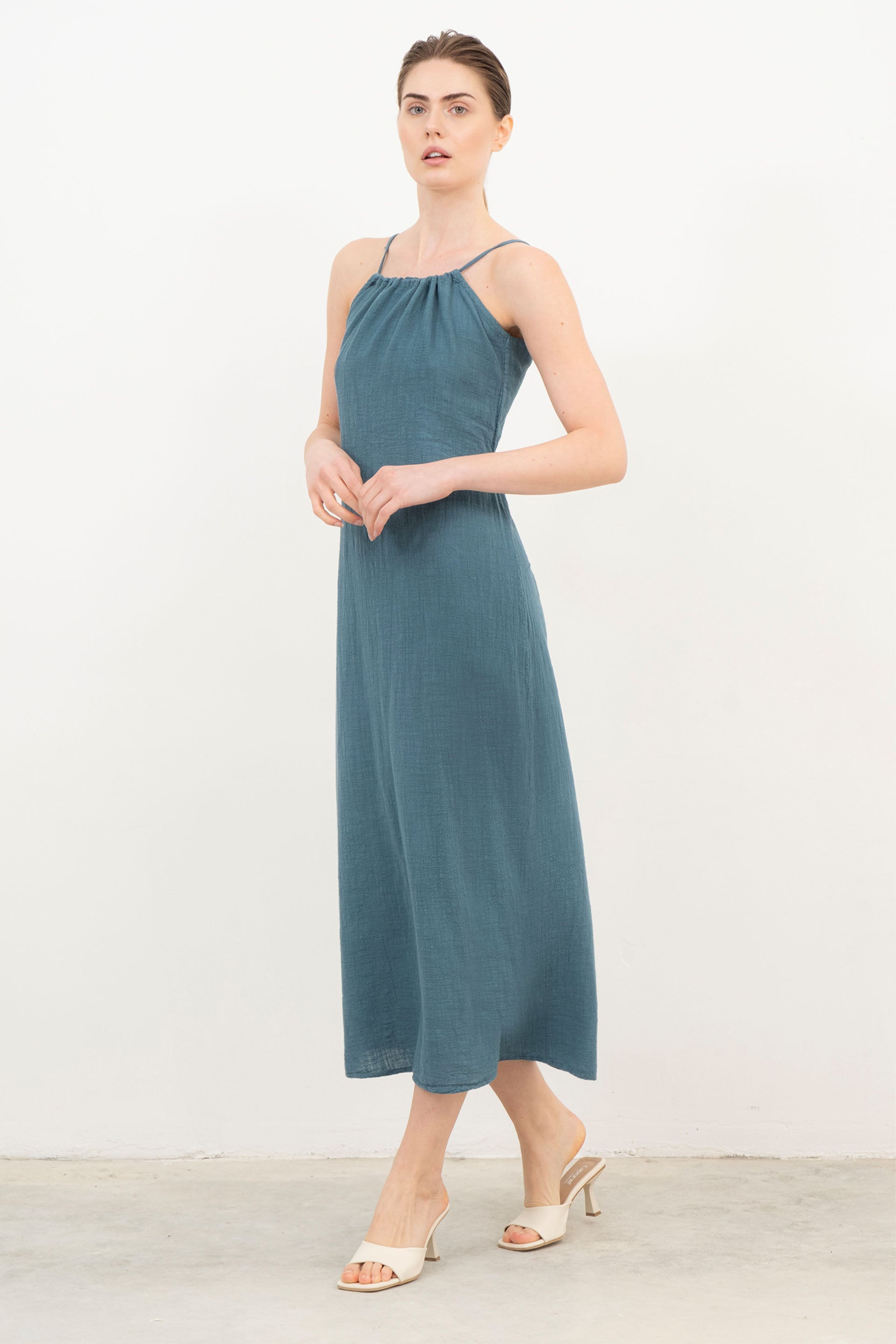 Pamuk İp Askılı Sırt Dekolteli Kadın Elbise / Petrol #Renk_Petrol