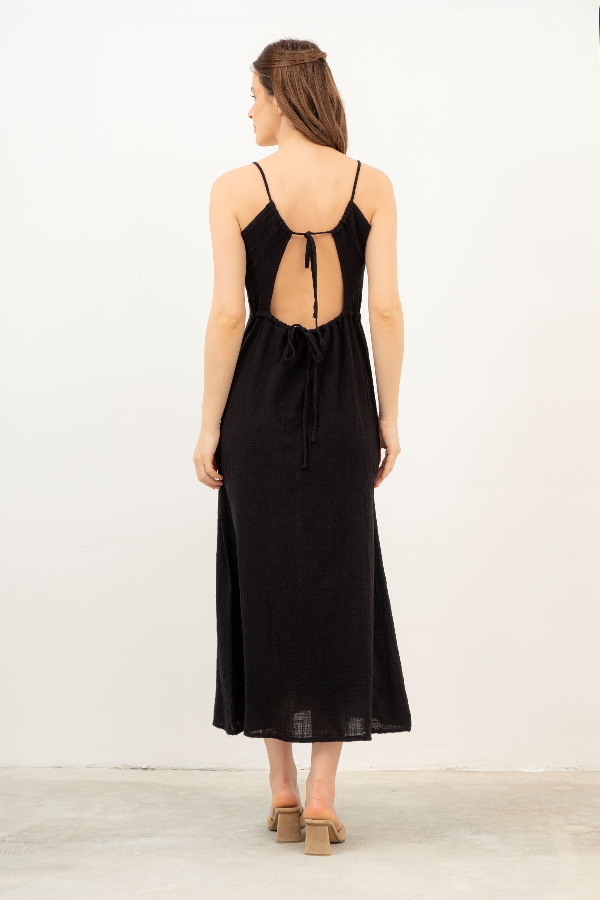 Pamuk İp Askılı Sırt Dekolteli Kadın Elbise / Siyah #Renk_Siyah