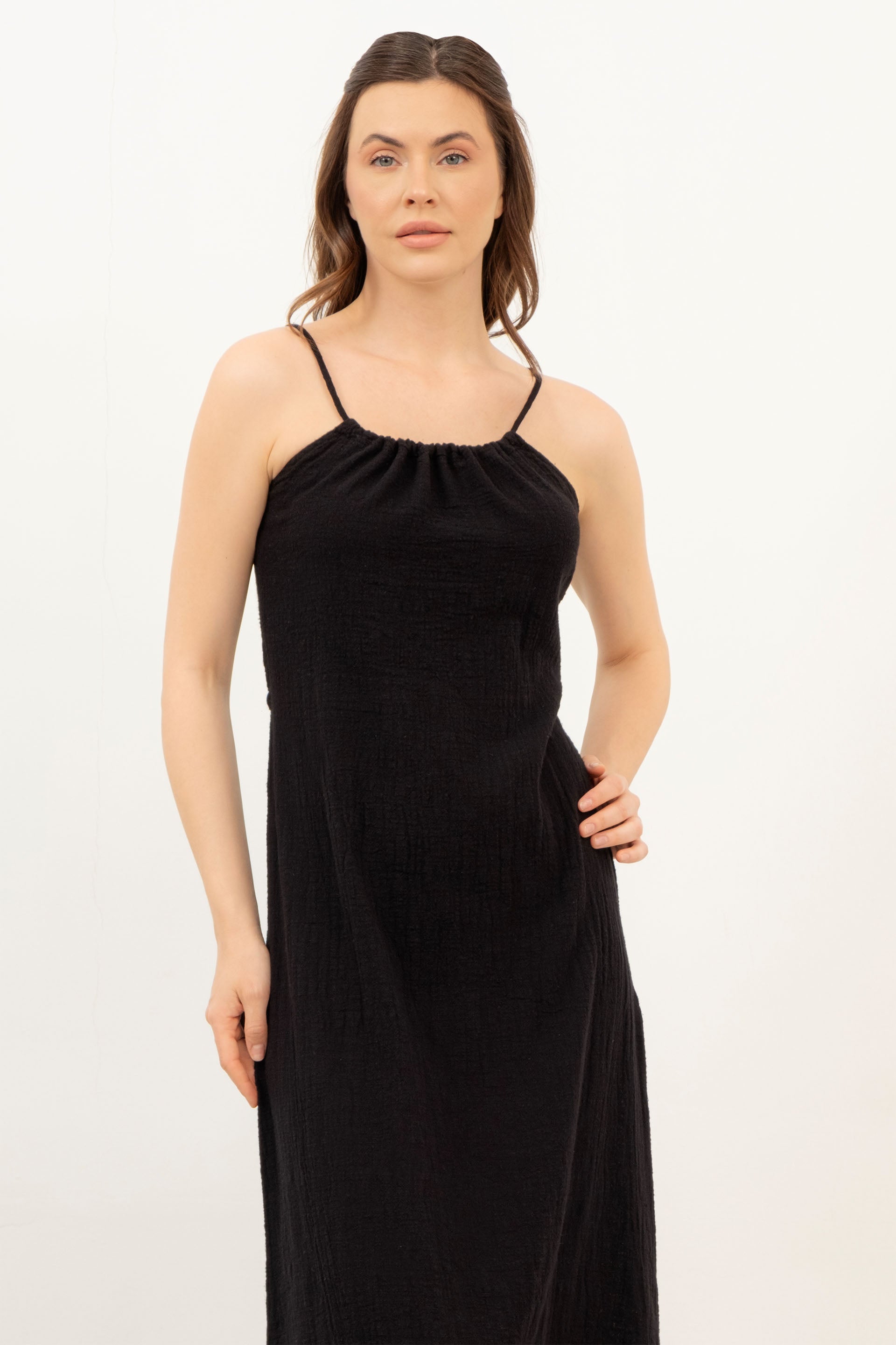 Pamuk İp Askılı Sırt Dekolteli Kadın Elbise / Siyah #Renk_Siyah