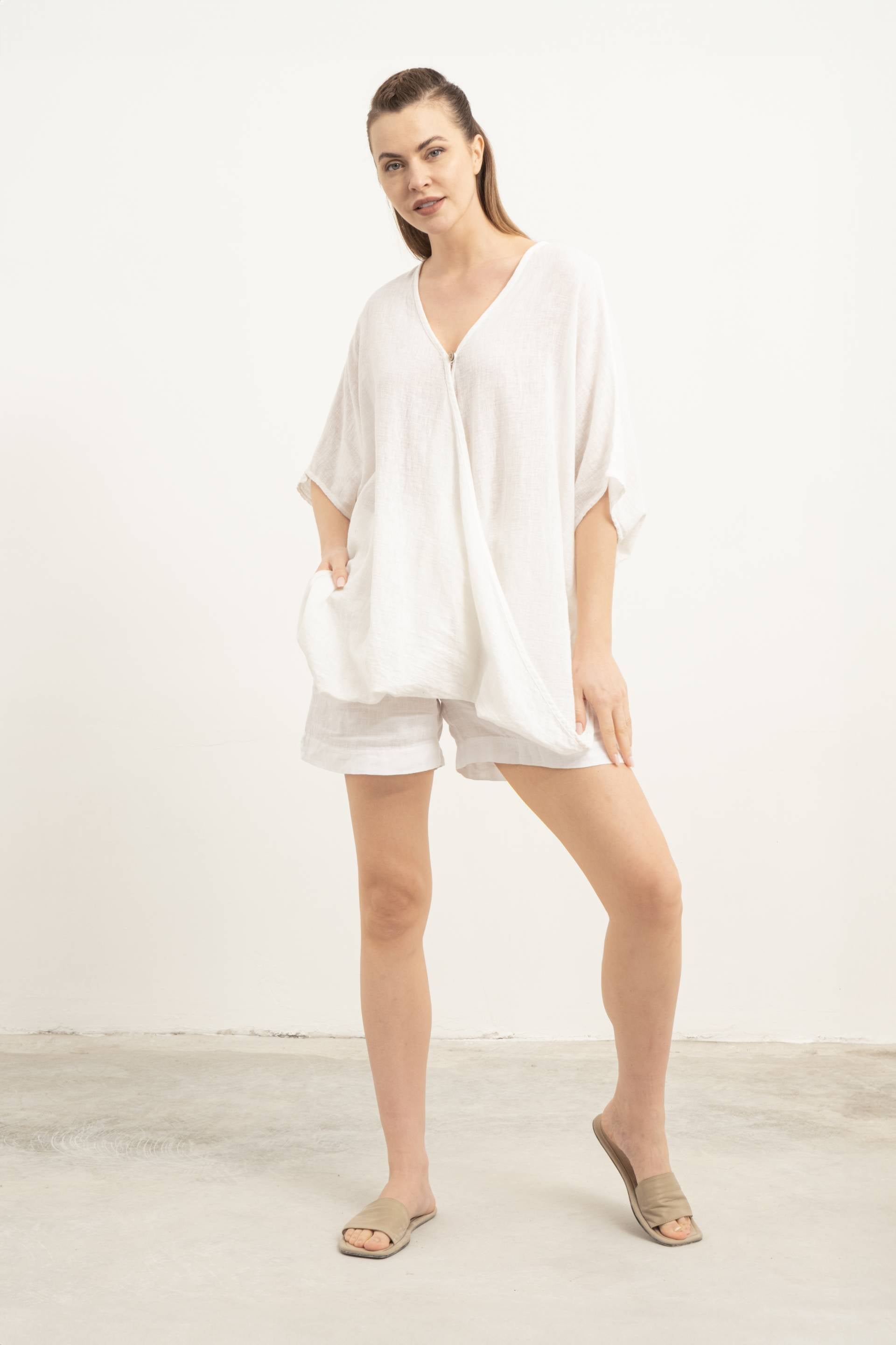 Oversize Önü Düğmeli Anvelop Bluz #renk_Beyaz