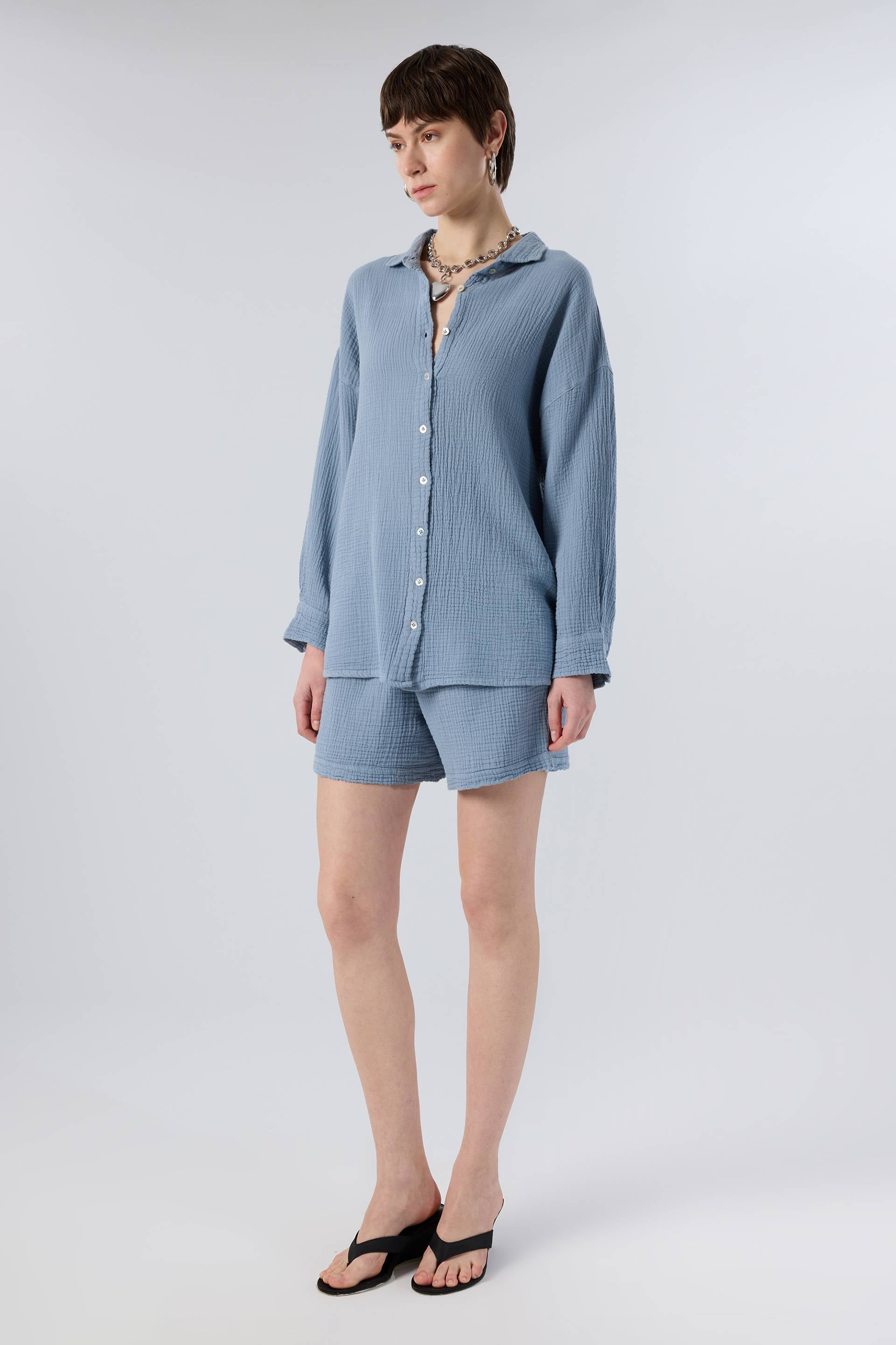 Oversize Müslin Kadın Gömlek #renk_Buz Mavi