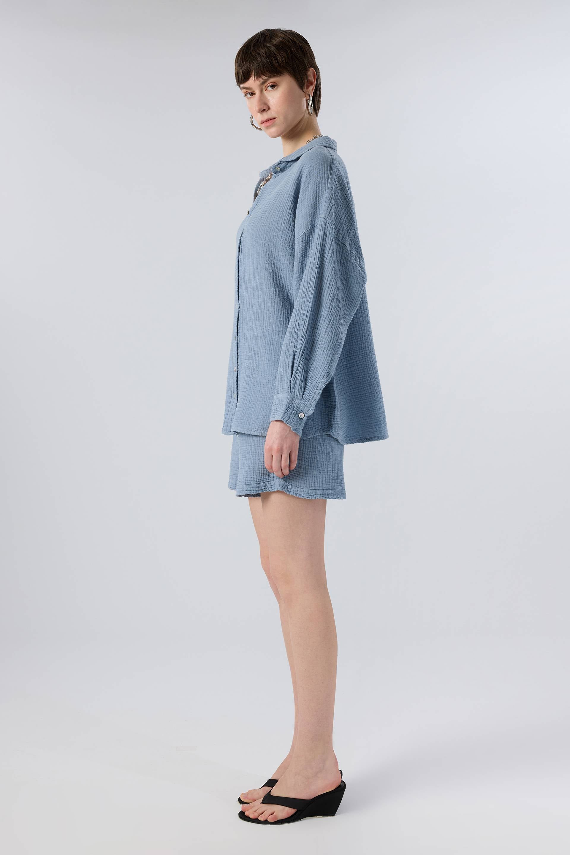 Oversize Müslin Kadın Gömlek #renk_Buz Mavi
