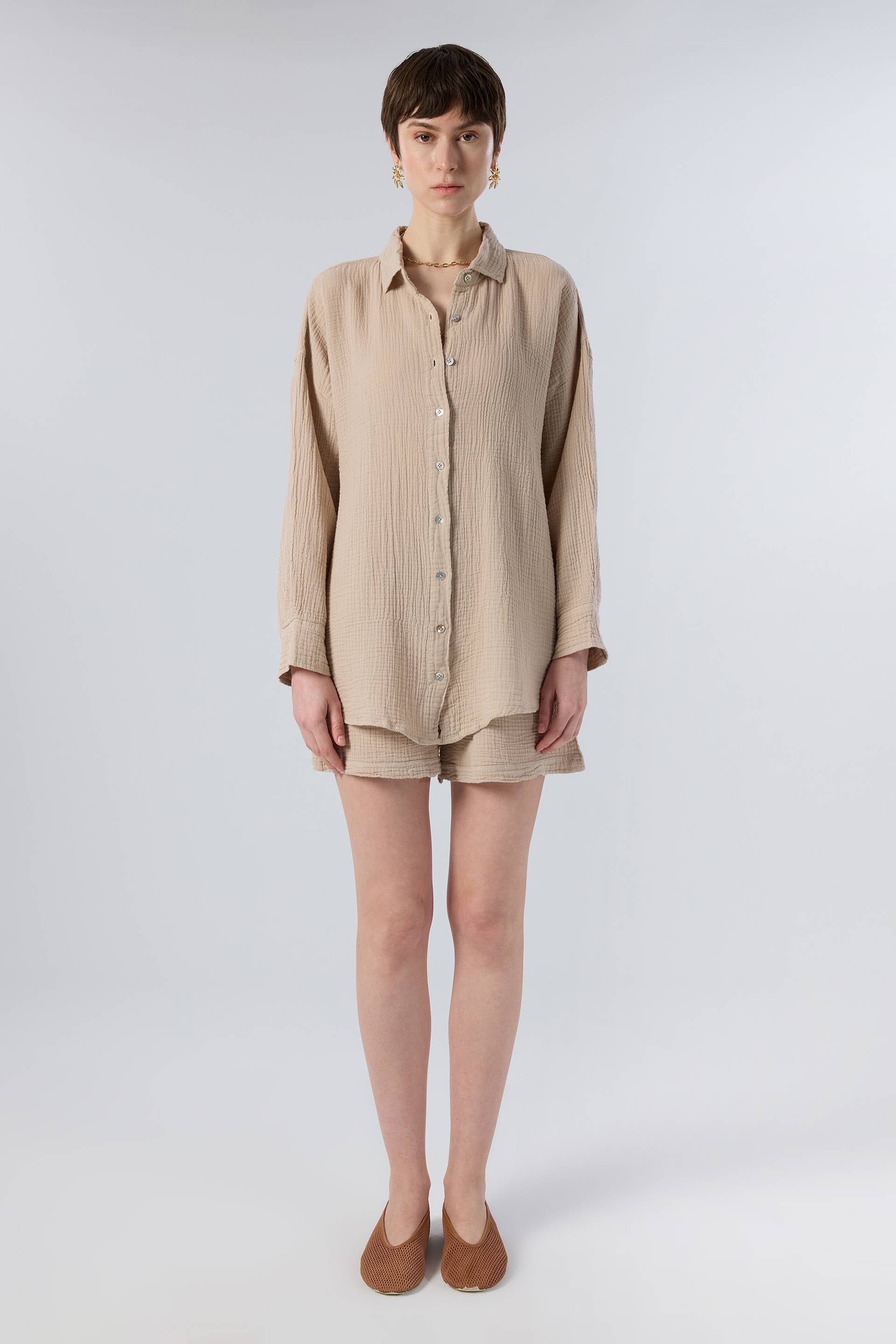 Oversize Müslin Kadın Gömlek #renk_Flax