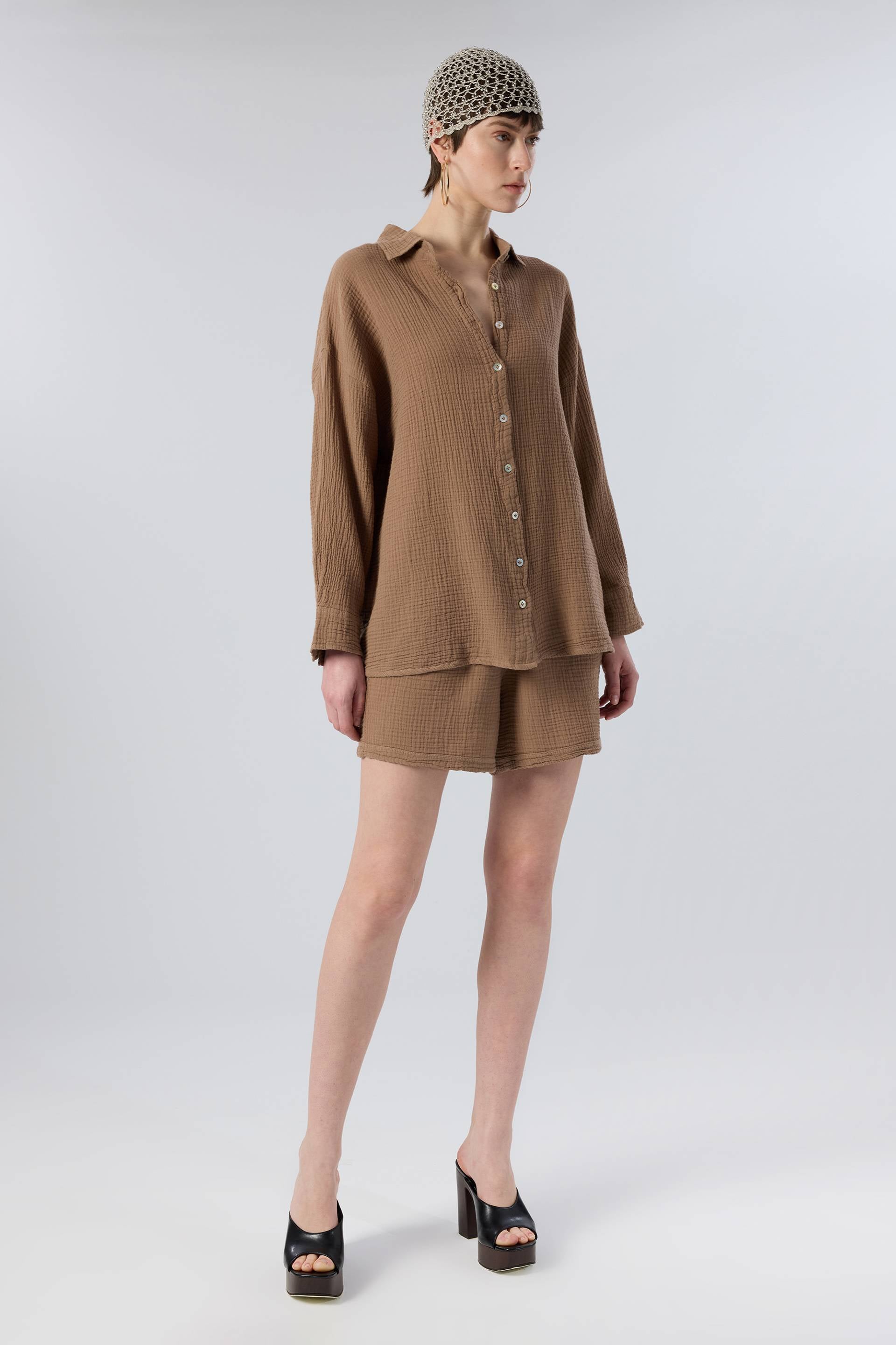 Oversize Müslin Kadın Gömlek #renk_Kahve