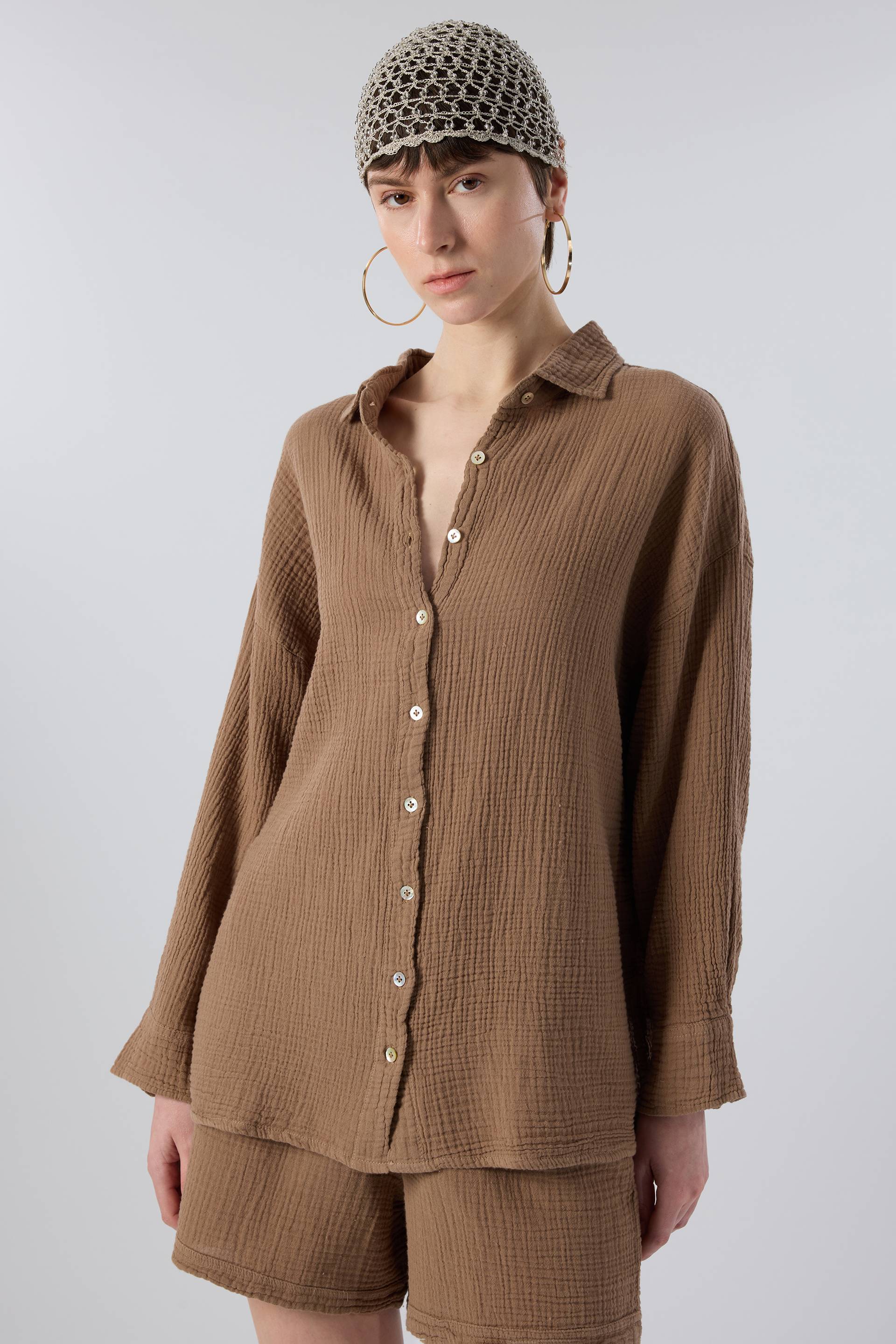 Oversize Müslin Kadın Gömlek #renk_Kahve