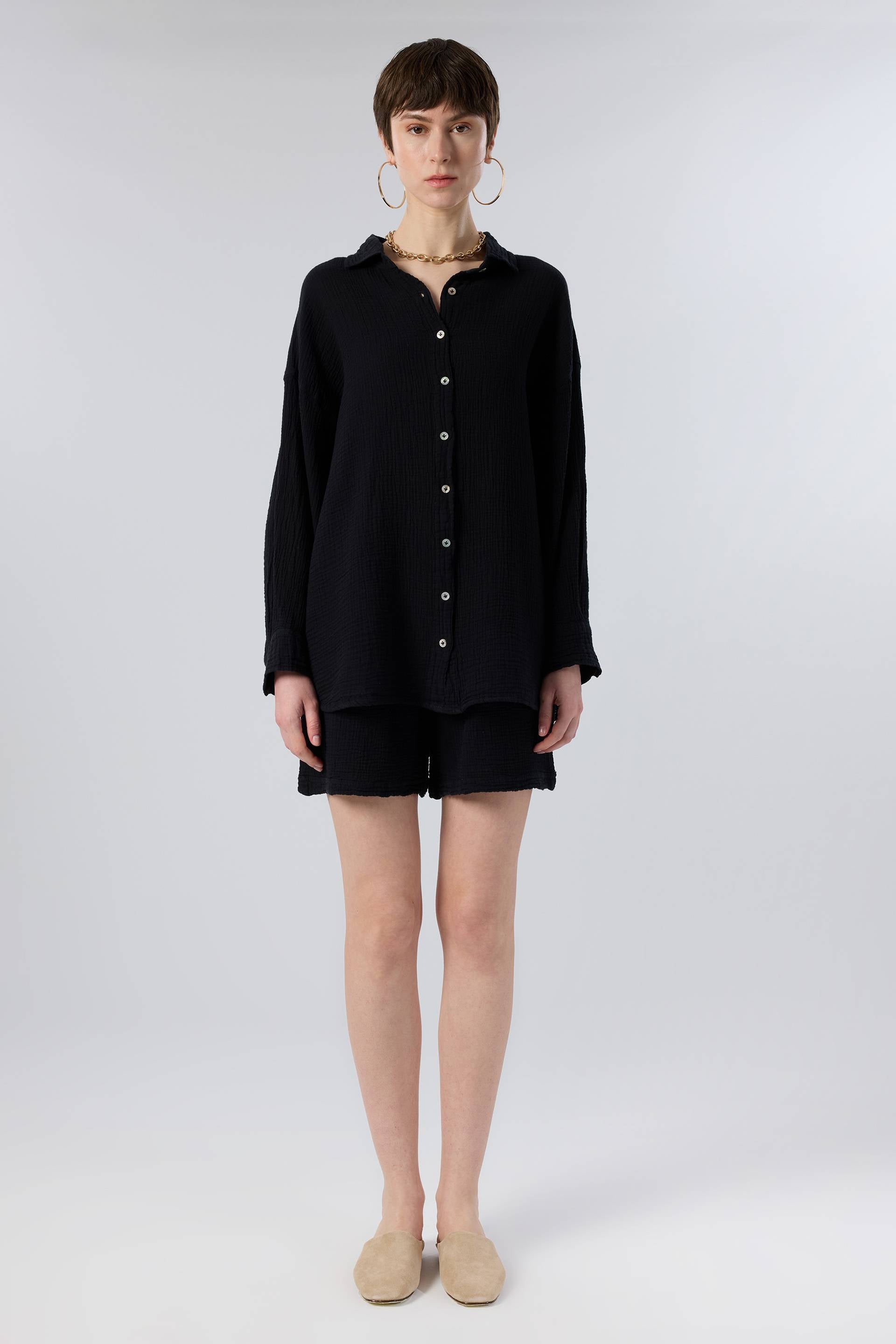 Oversize Müslin Kadın Gömlek #renk_Siyah