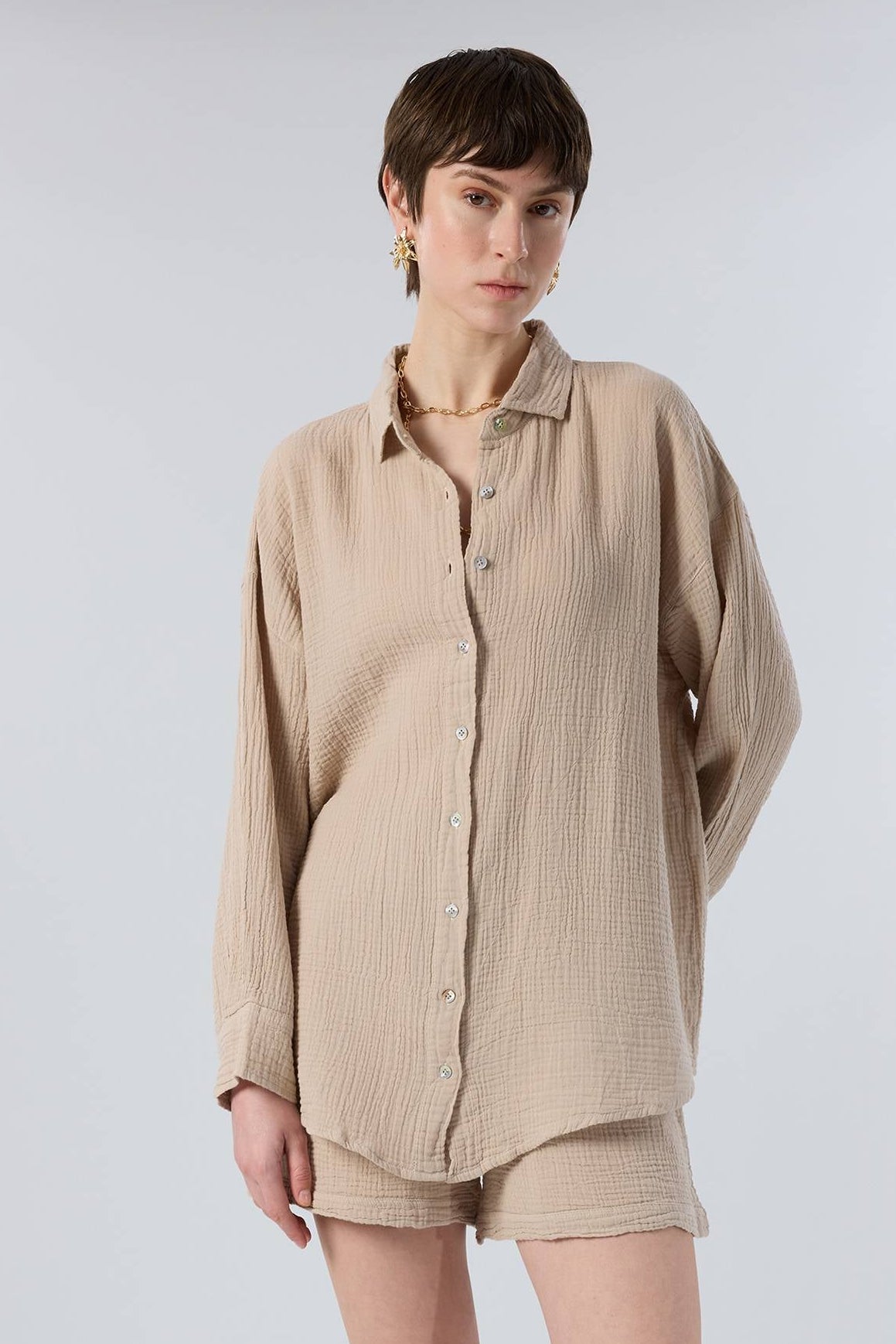 Oversize Müslin Kadın Gömlek #renk_Flax