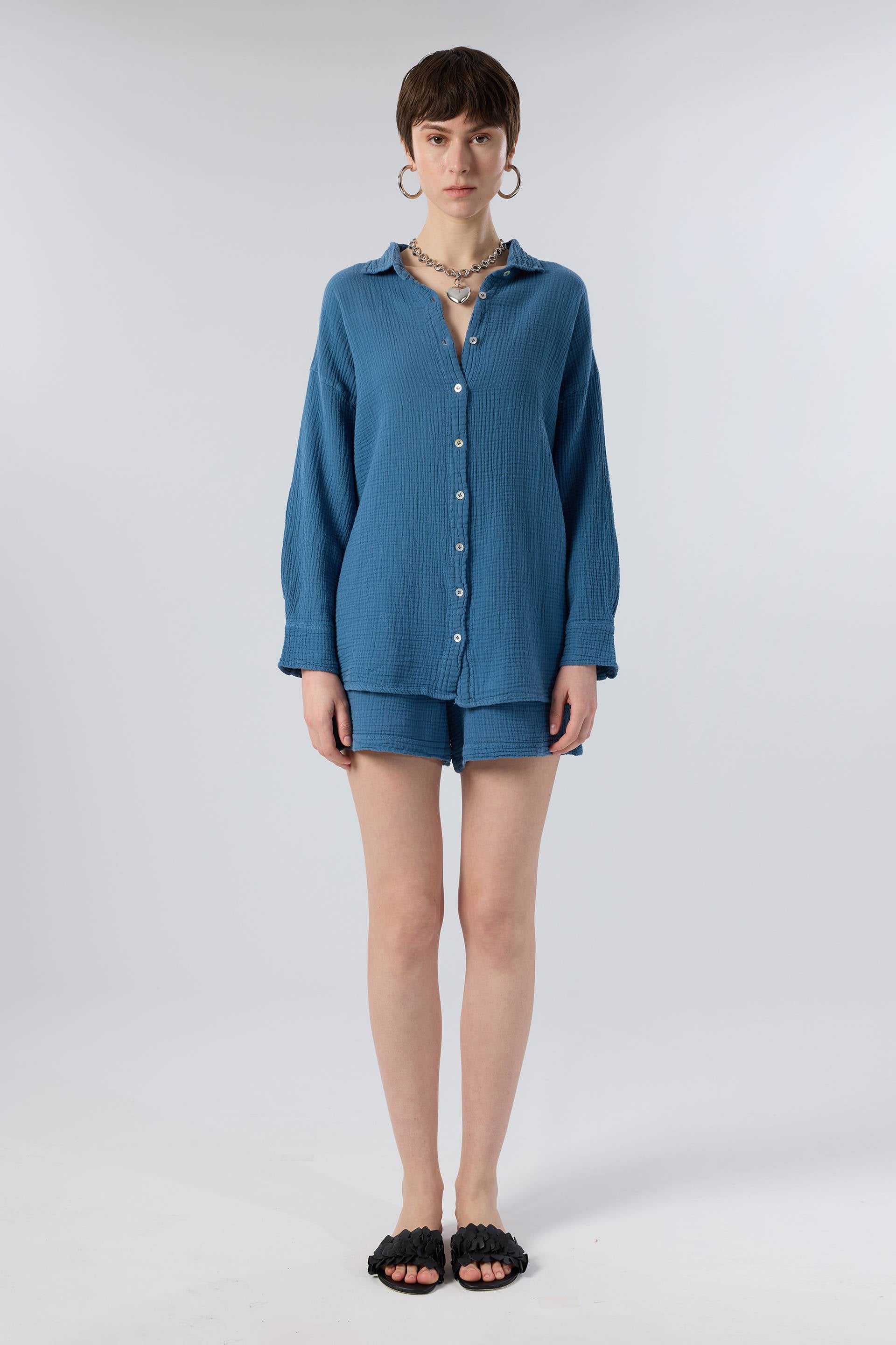 Oversize Müslin Kadın Gömlek #renk_Indigo