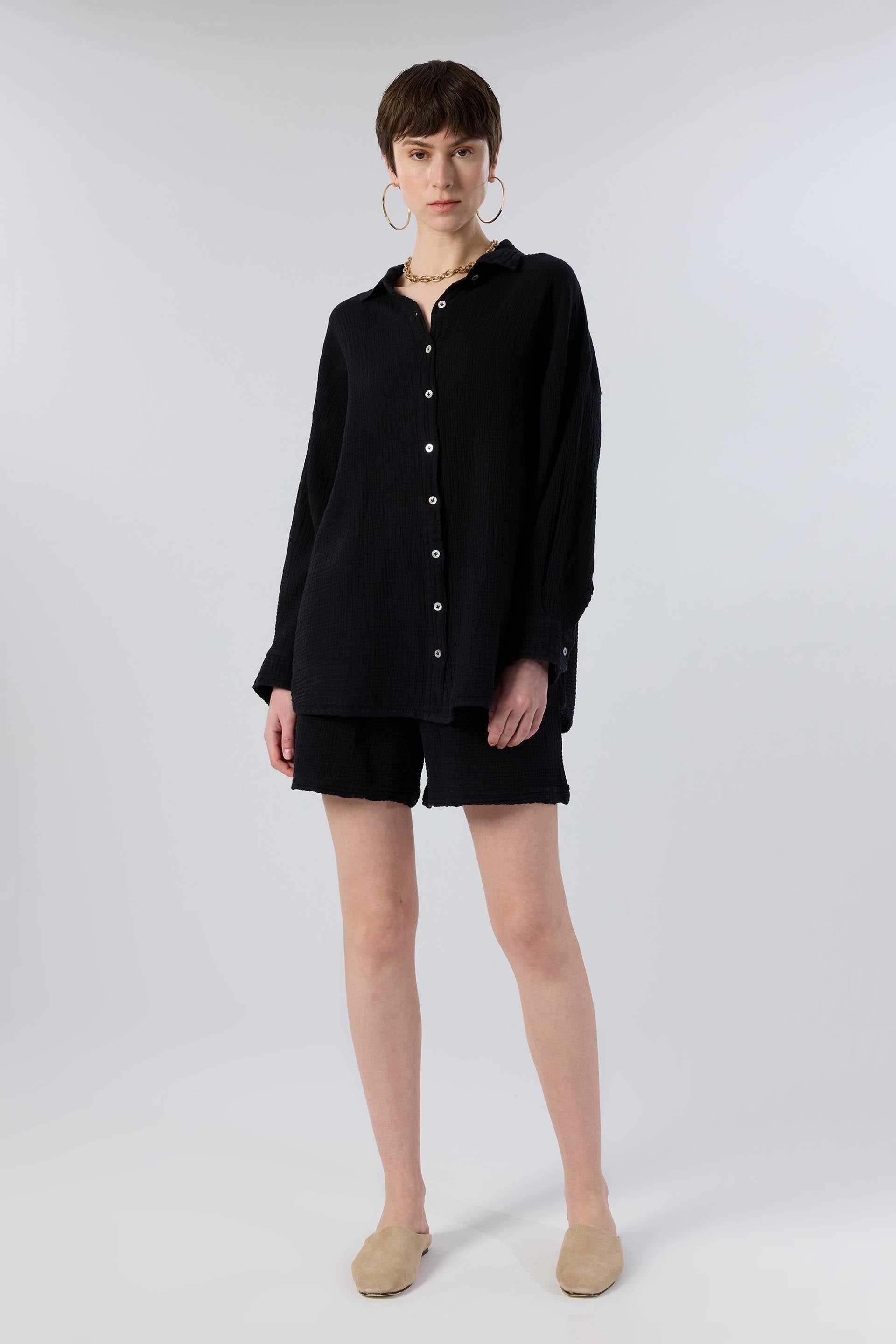 Oversize Müslin Kadın Gömlek #renk_Siyah