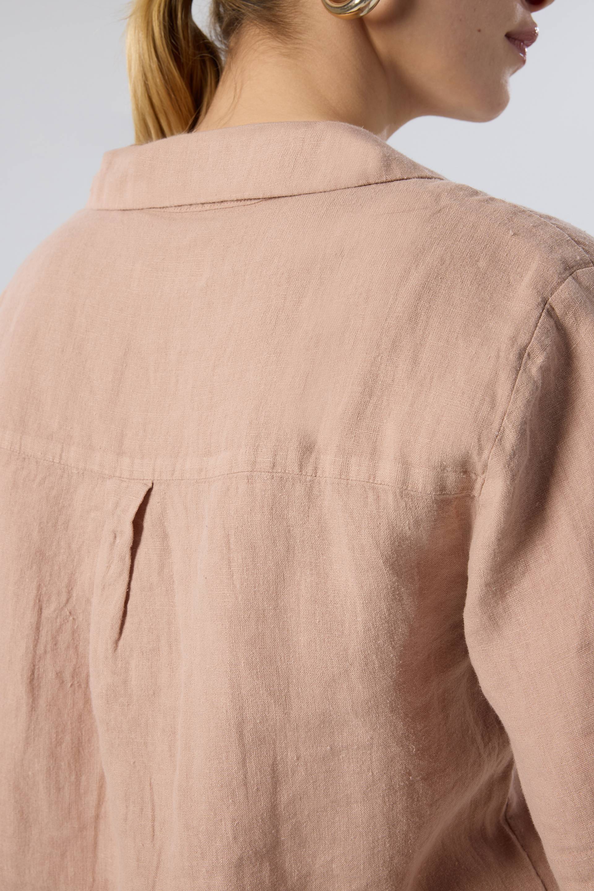 Yatık Yakalı Kısa Kollu Keten Kadın Gömlek #renk_Toprak Beji