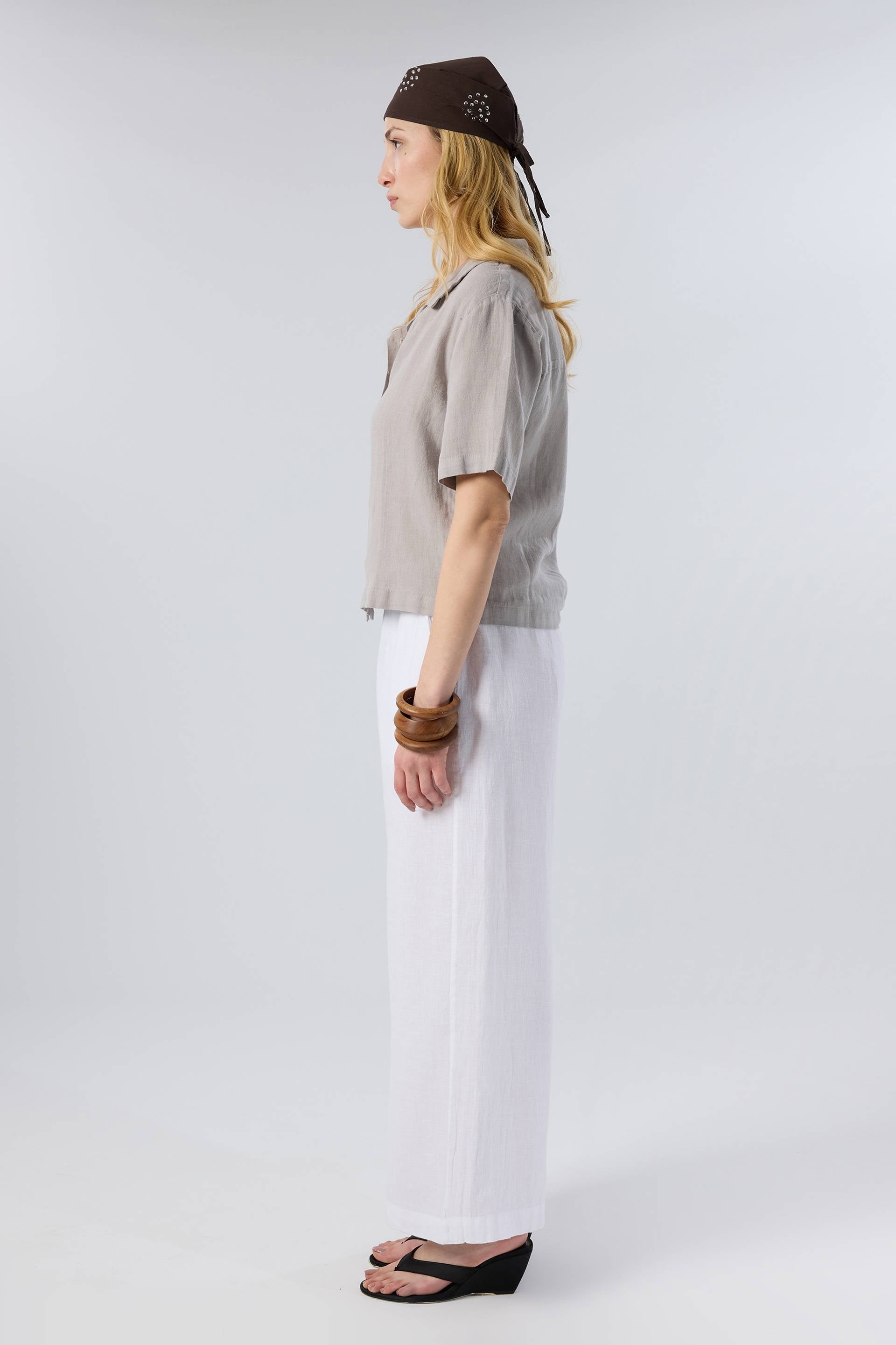 Yatık Yakalı Kısa Kollu Keten Kadın Gömlek #renk_Taş Gri