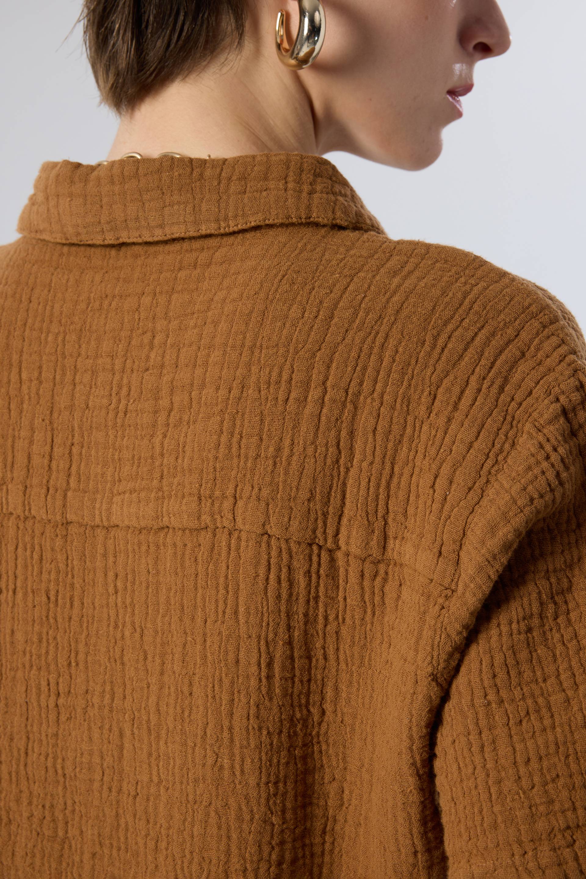 Yazlık nefes alan kenevir müslin kısa kollu kadın gömlek #renk_Terra Cotta