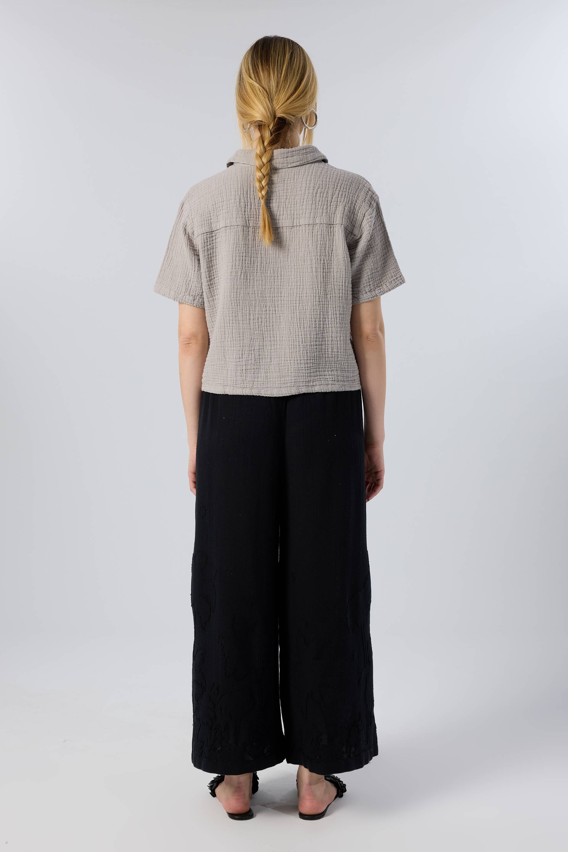 Palmiye Desenli Etamin Dokulu Kadın Geniş Paça Pantolon #renk_Siyah