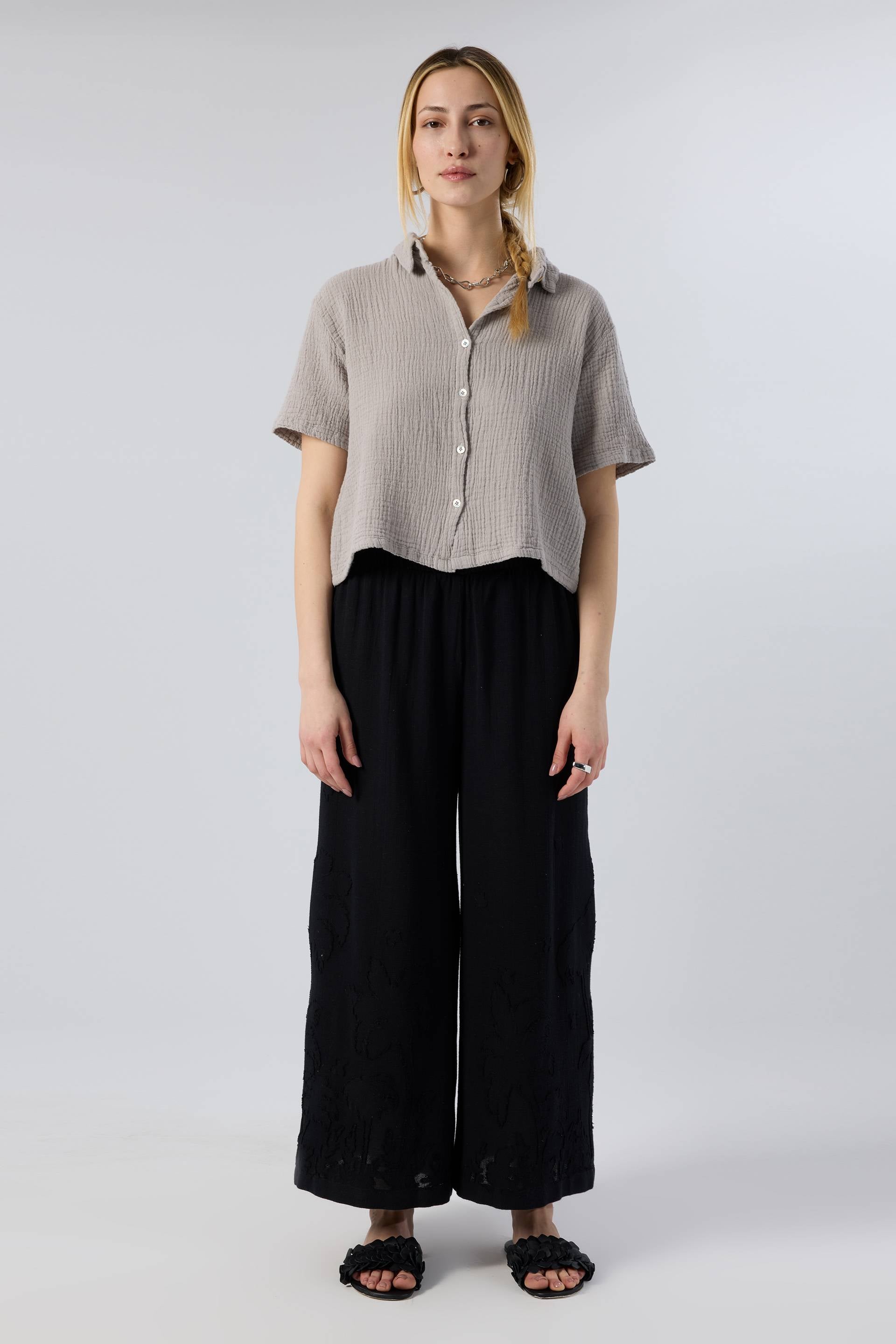 Palmiye Desenli Etamin Dokulu Kadın Geniş Paça Pantolon #renk_Siyah