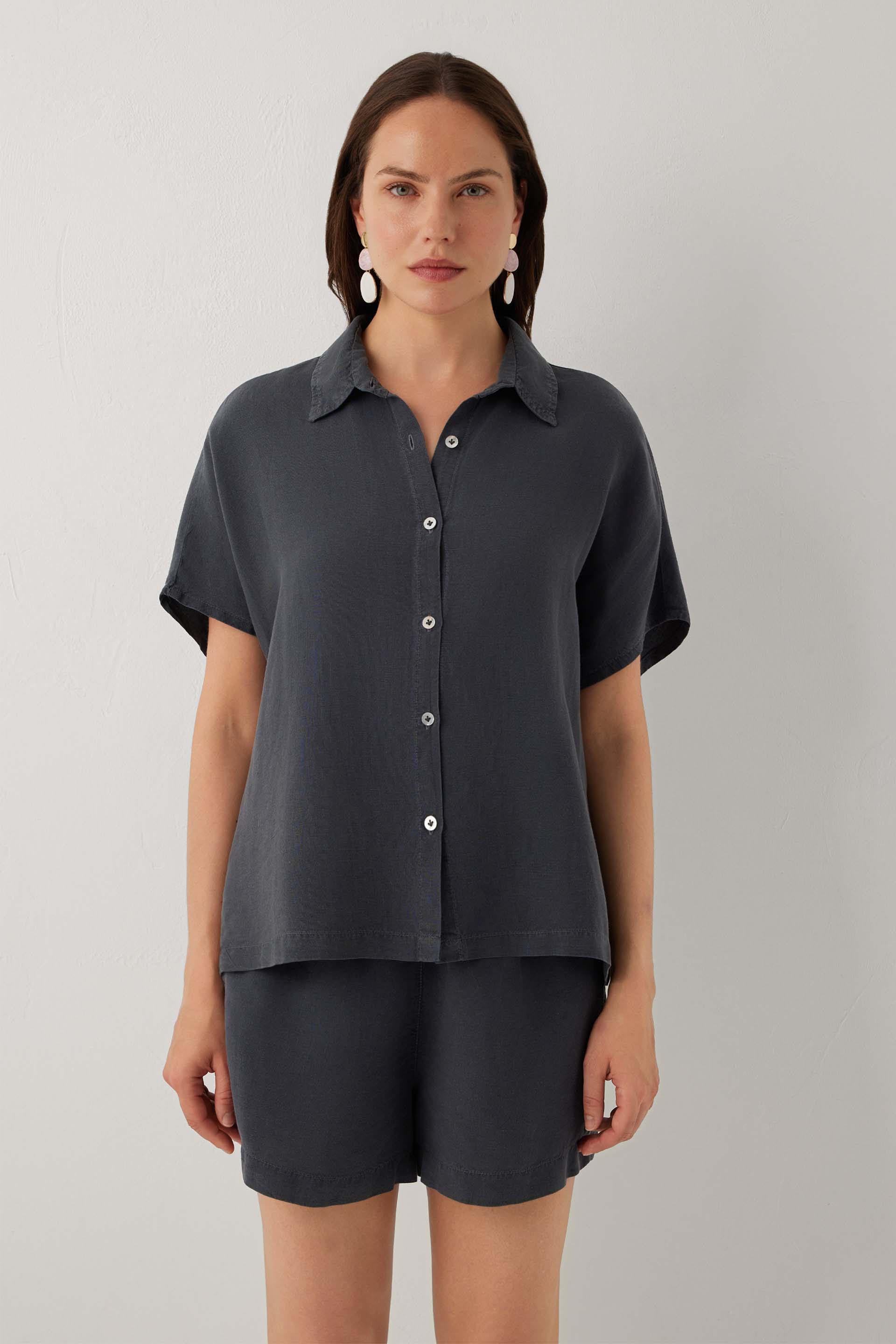 Linoflow Oversize Yarasa Kesim Tencel Keten Karışımlı Kadın Gömlek #renk_Antrasit