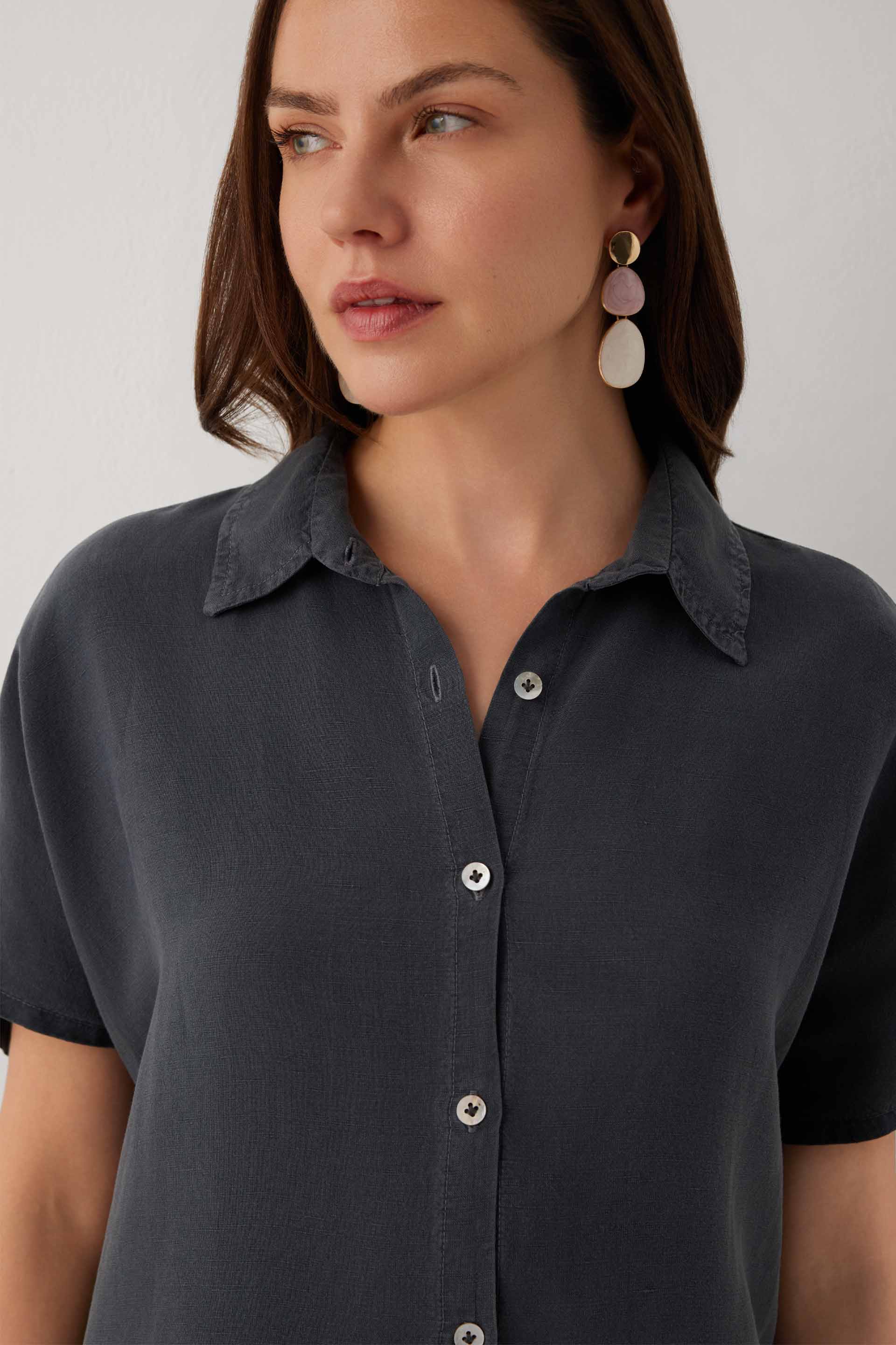 Linoflow Oversize Yarasa Kesim Tencel Keten Karışımlı Kadın Gömlek #renk_Antrasit
