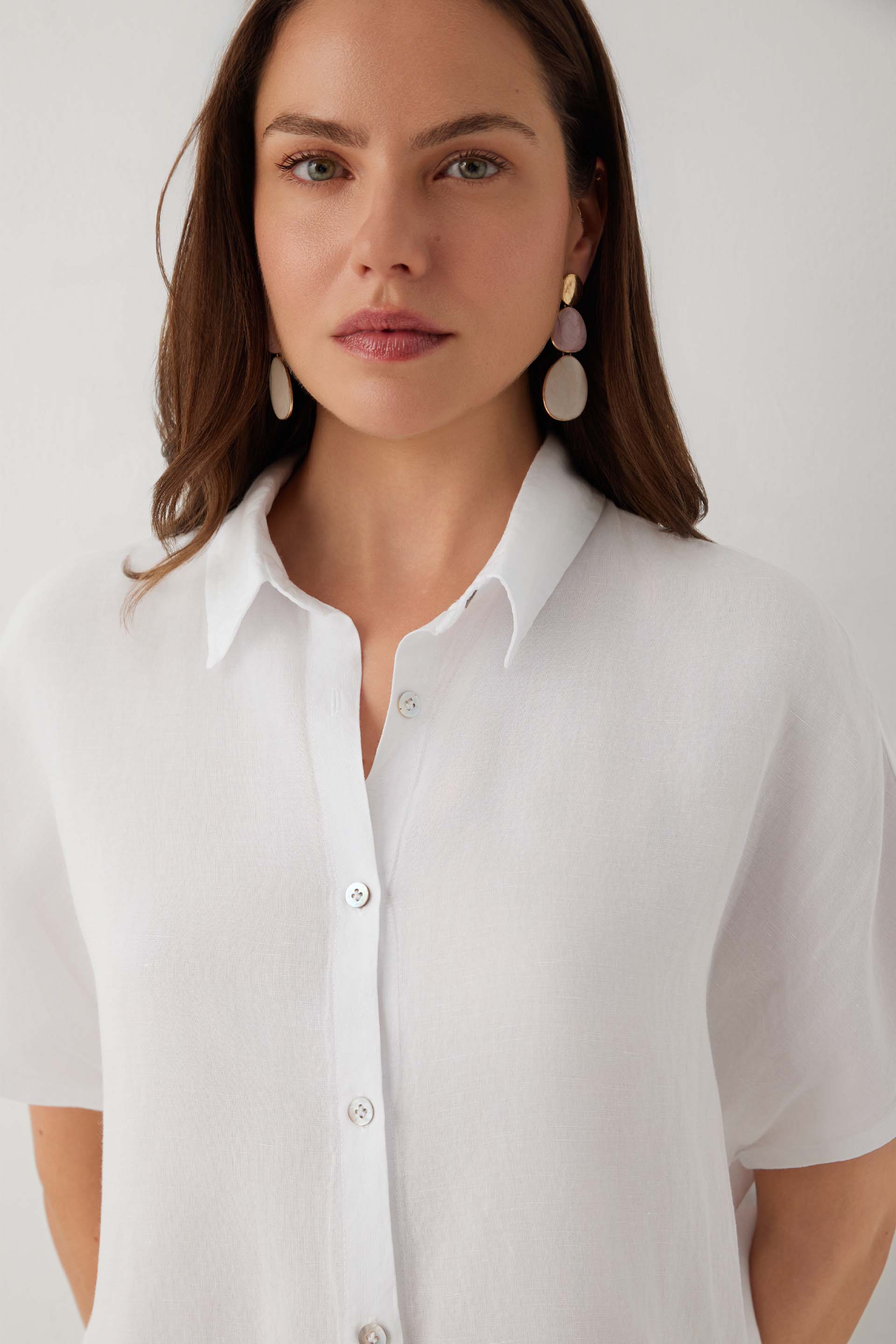 Linoflow Oversize Yarasa Kesim Kadın Tencel Keten Karışımlı Gömlek #renk_Beyaz
