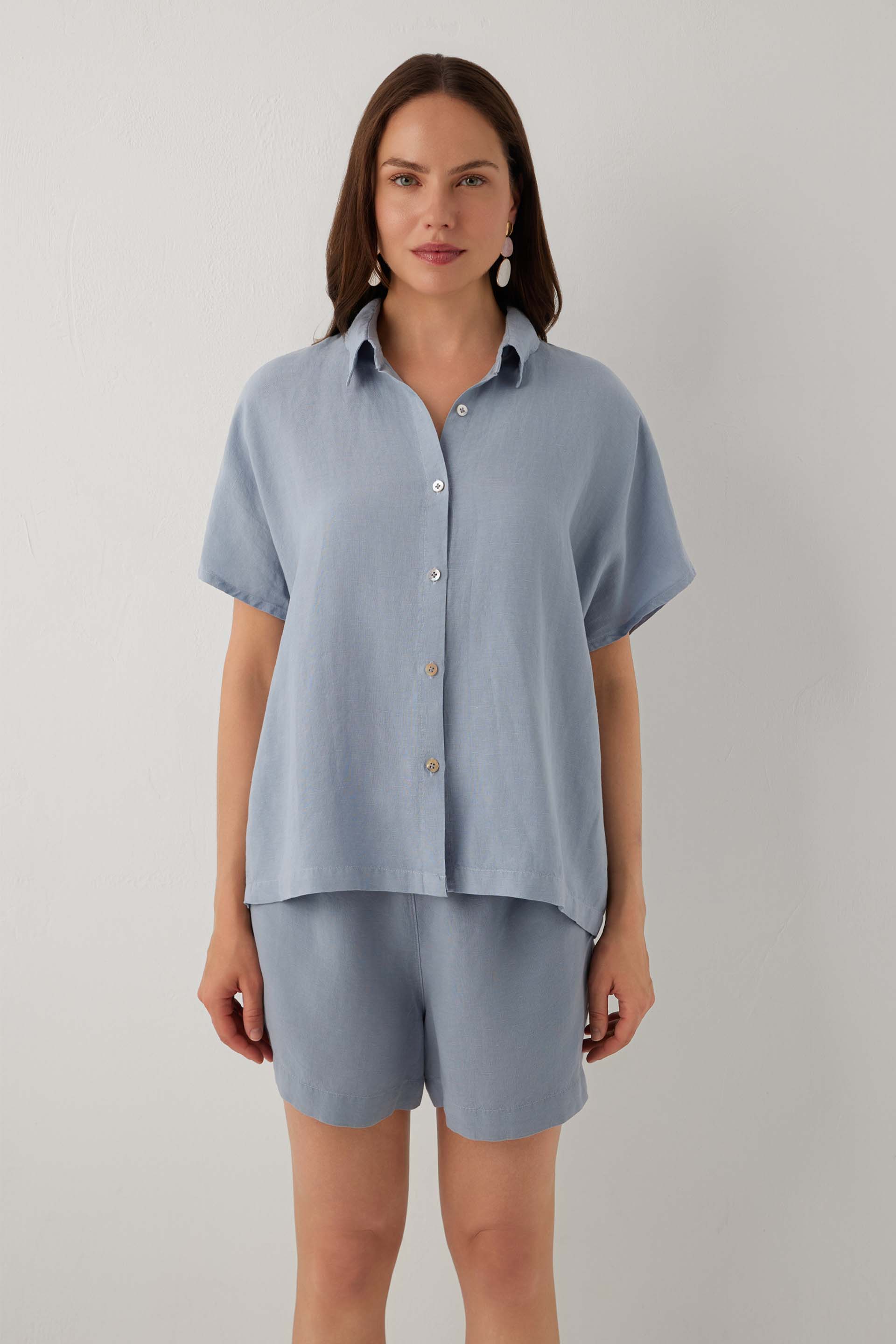 Linoflow Oversize Yarasa Kesim Kadın Tencel Keten Karışımlı Gömlek #renk_Buz Mavi