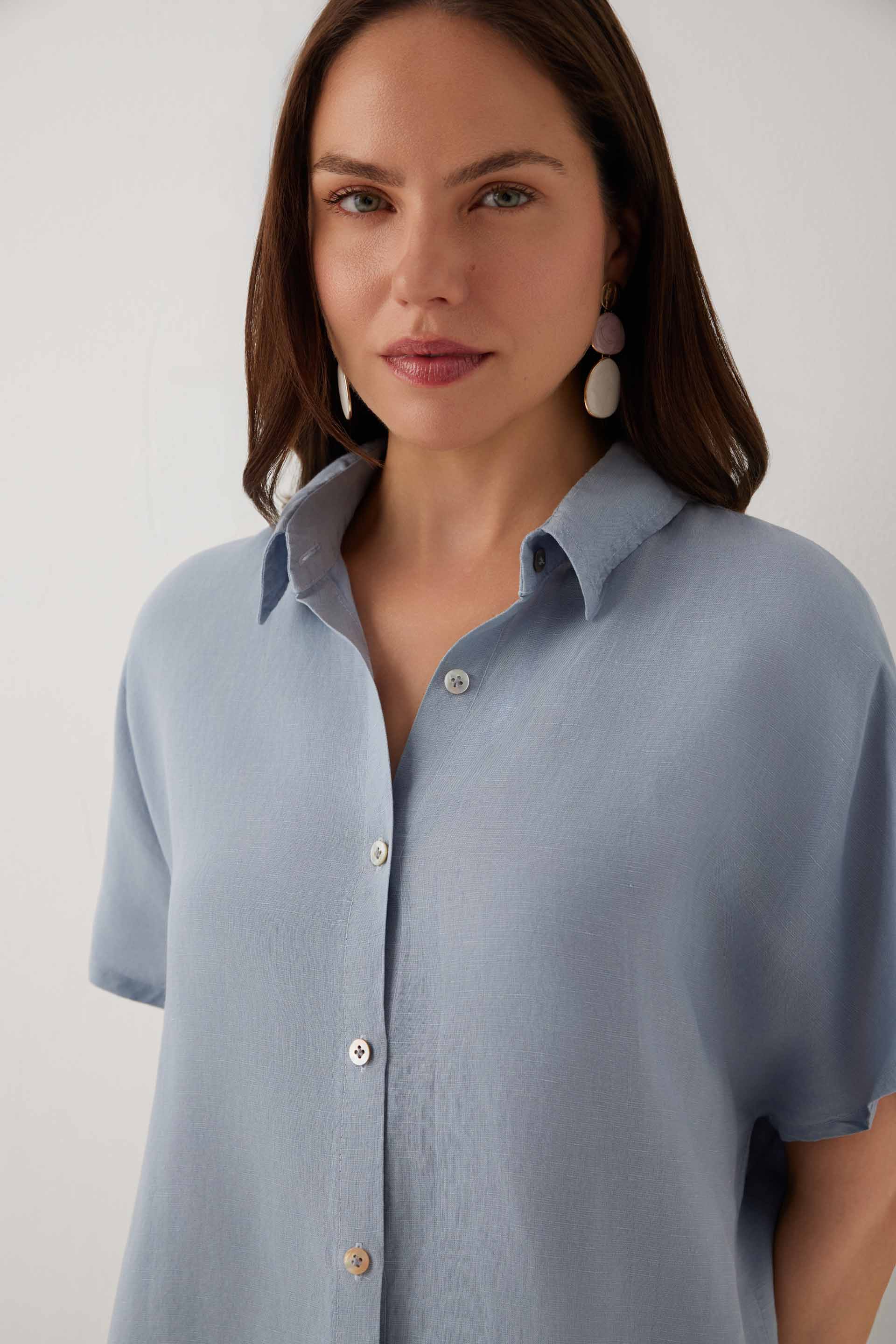 Linoflow Oversize Yarasa Kesim Kadın Tencel Keten Karışımlı Gömlek #renk_Buz Mavi