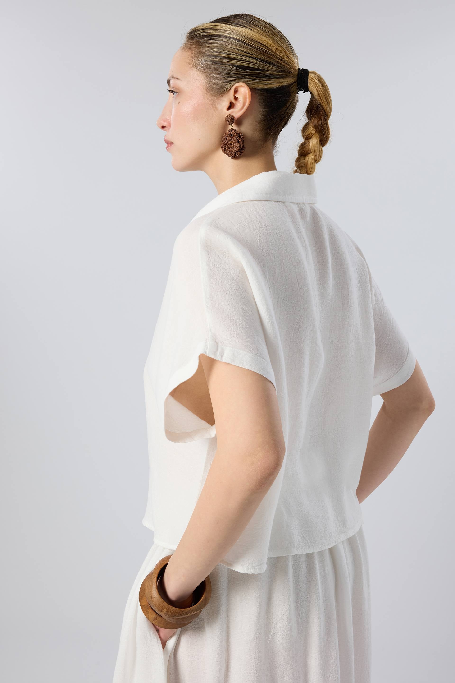 Woven Flora Dokulu Tensel Oversize Gömlek Etek #renk_Beyaz