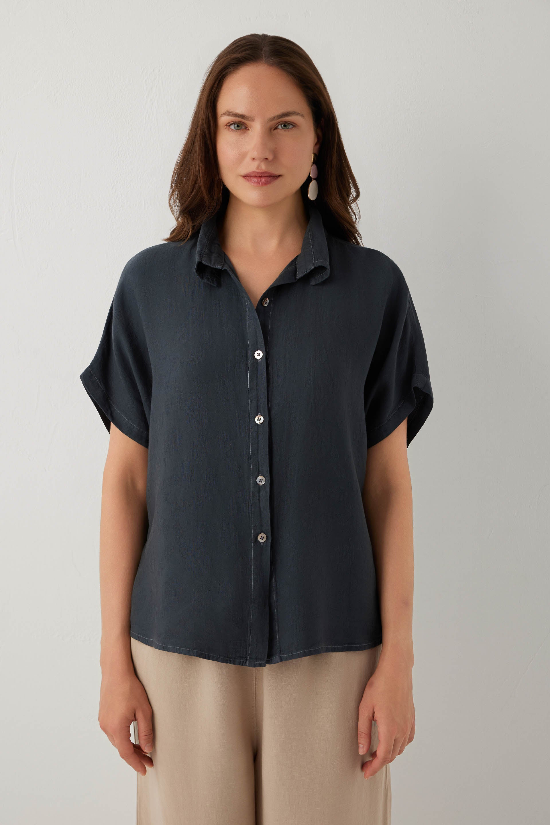 Woven Flora Dokulu Tensel Oversize Gömlek Etek #renk_Antrasit