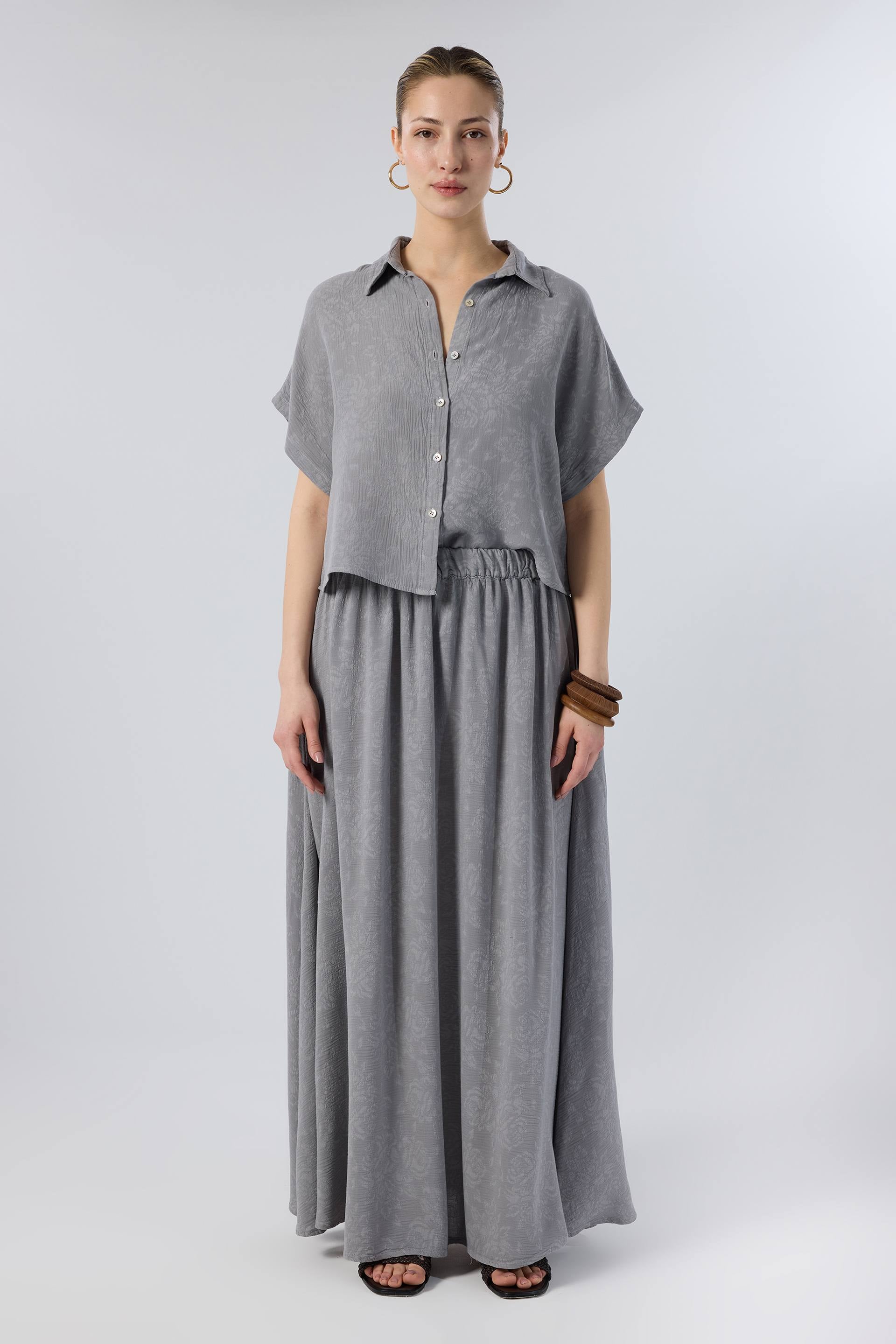 Woven Flora Dokulu Tensel Oversize Gömlek Etek #renk_Antrasit