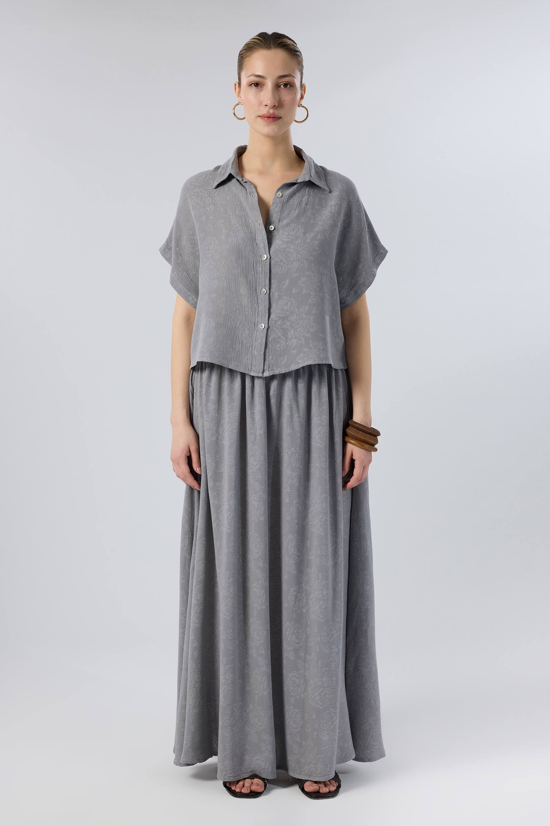 Woven Flora Dokulu Tensel Oversize Gömlek Etek #renk_Antrasit