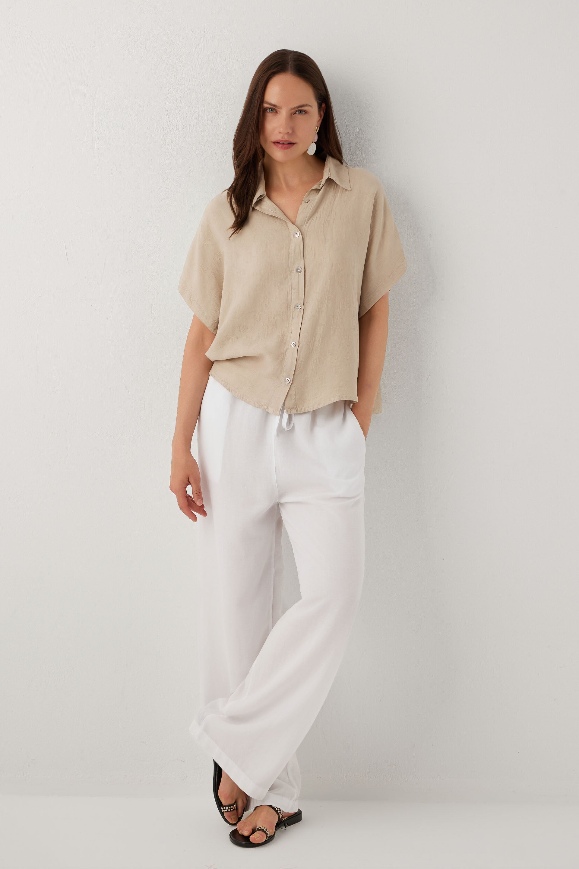 Woven Flora Dokulu Tensel Oversize Gömlek Etek #renk_Vizon
