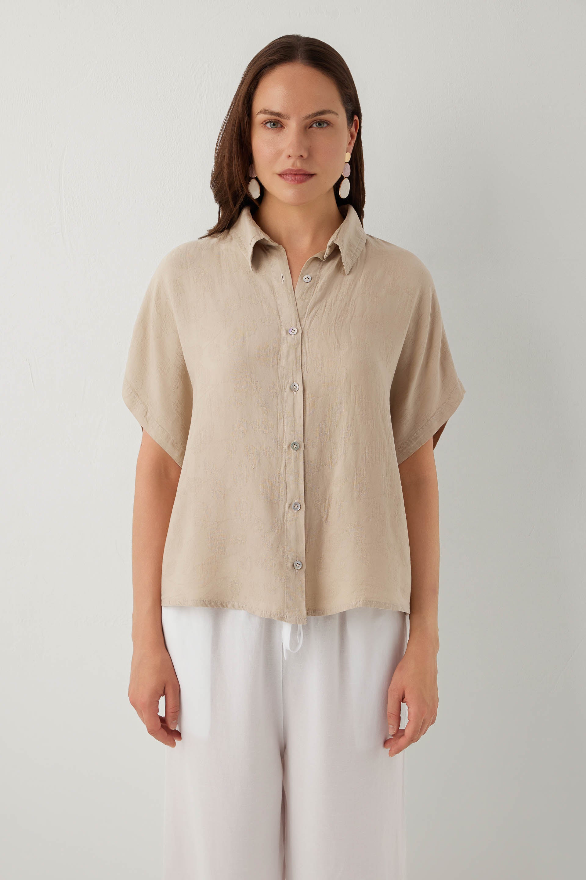 Woven Flora Dokulu Tensel Oversize Gömlek Etek #renk_Vizon