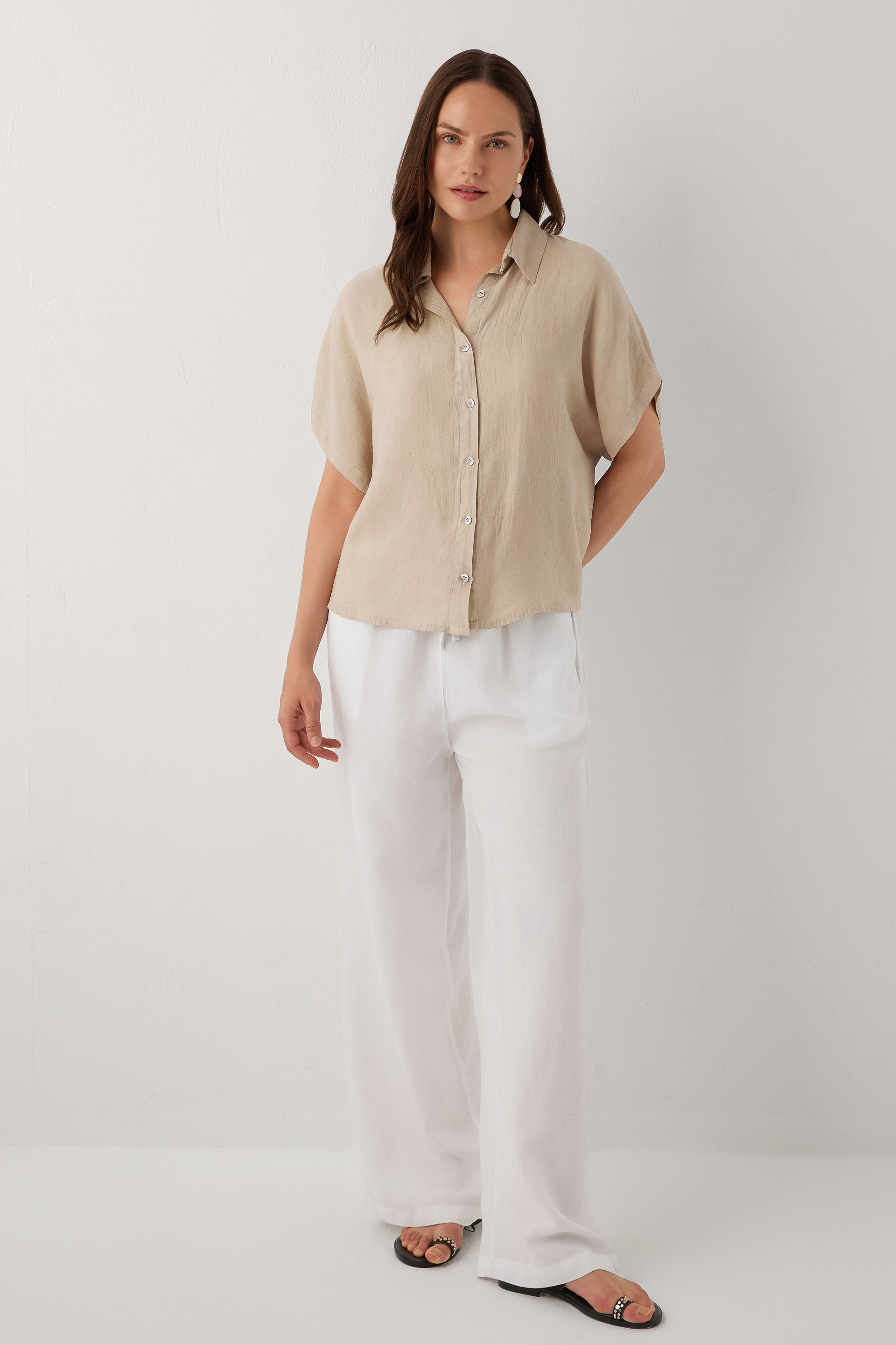 Woven Flora Dokulu Tensel Oversize Gömlek Etek #renk_Vizon