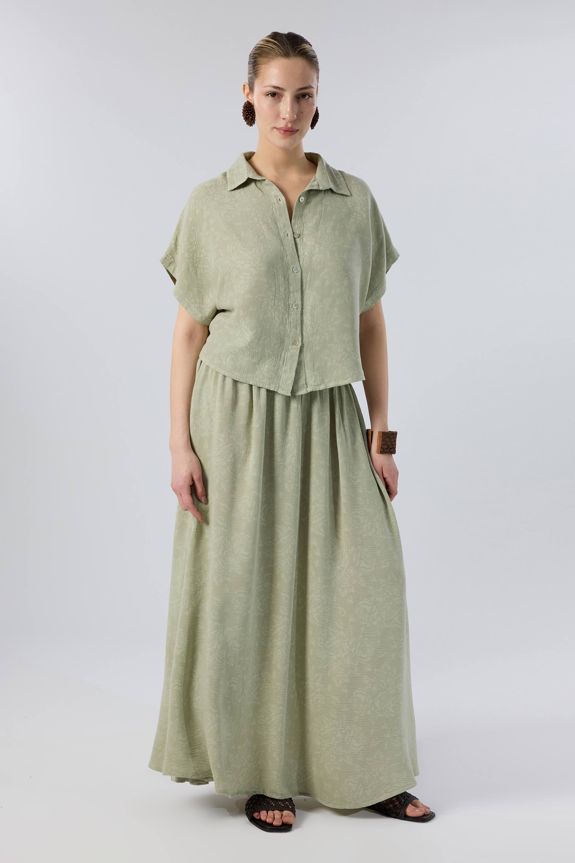 Woven Flora Dokulu Tensel Oversize Gömlek Etek #renk_Ada Çayı