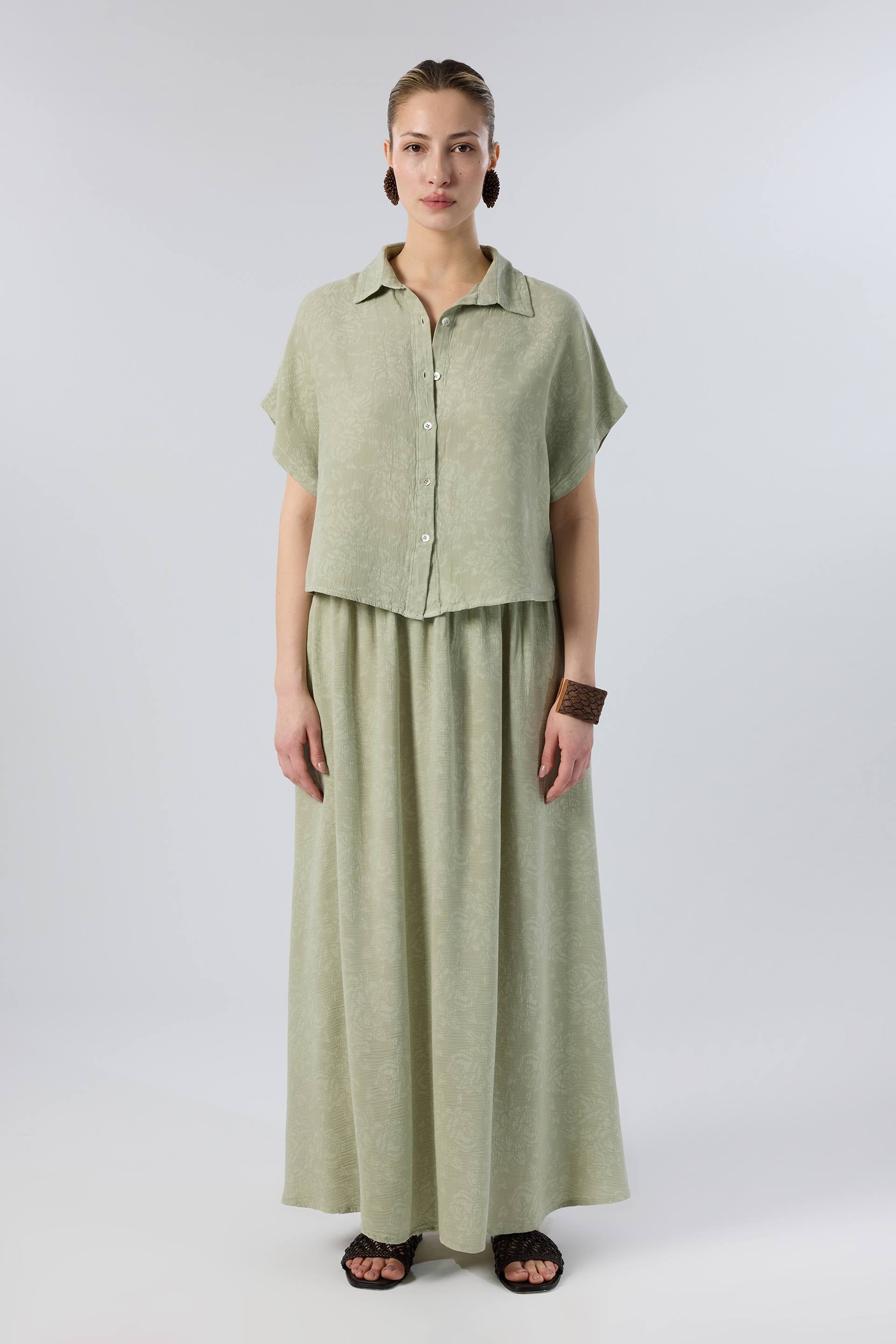 Woven Flora Dokulu Tensel Oversize Gömlek Etek #renk_Ada Çayı