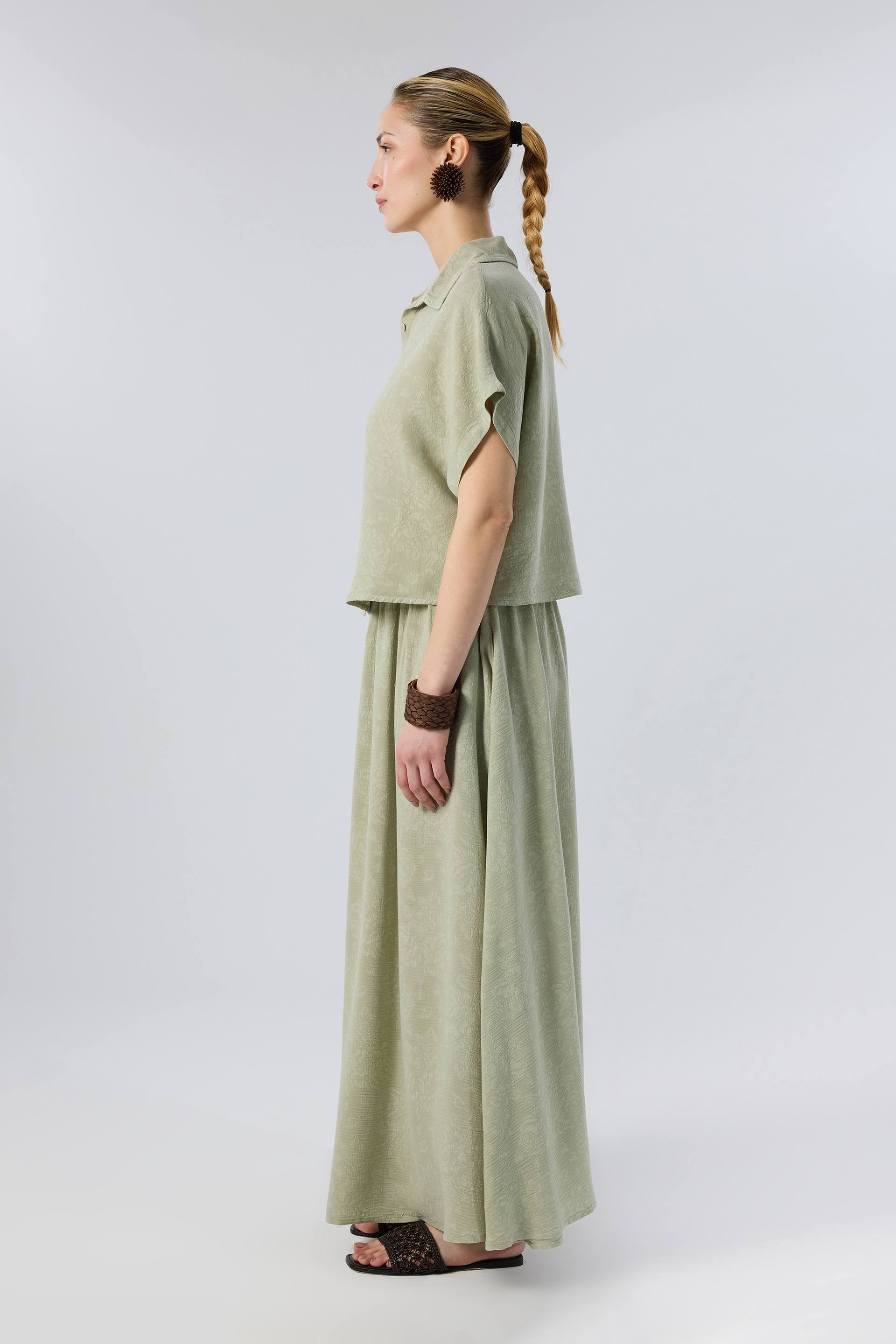 Woven Flora Dokulu Tensel Oversize Gömlek Etek #renk_Ada Çayı