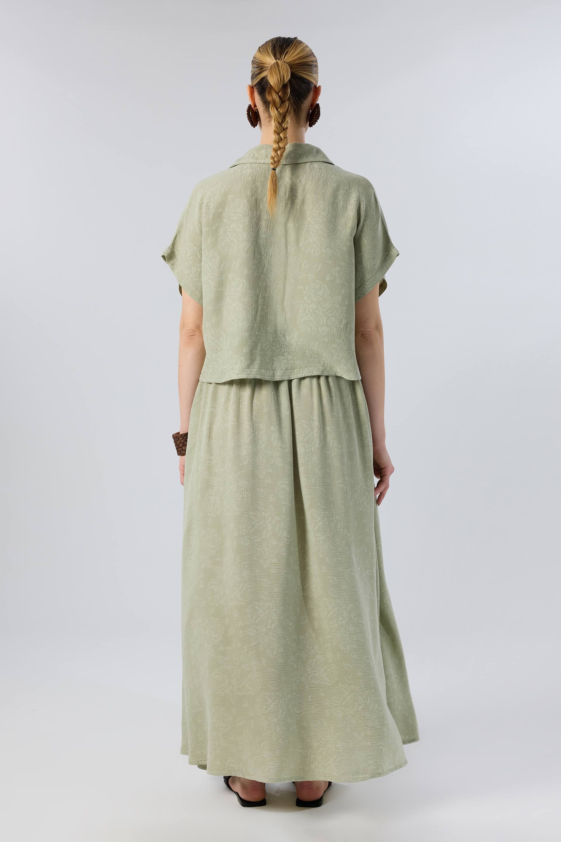Woven Flora Dokulu Tensel Oversize Gömlek Etek #renk_Ada Çayı