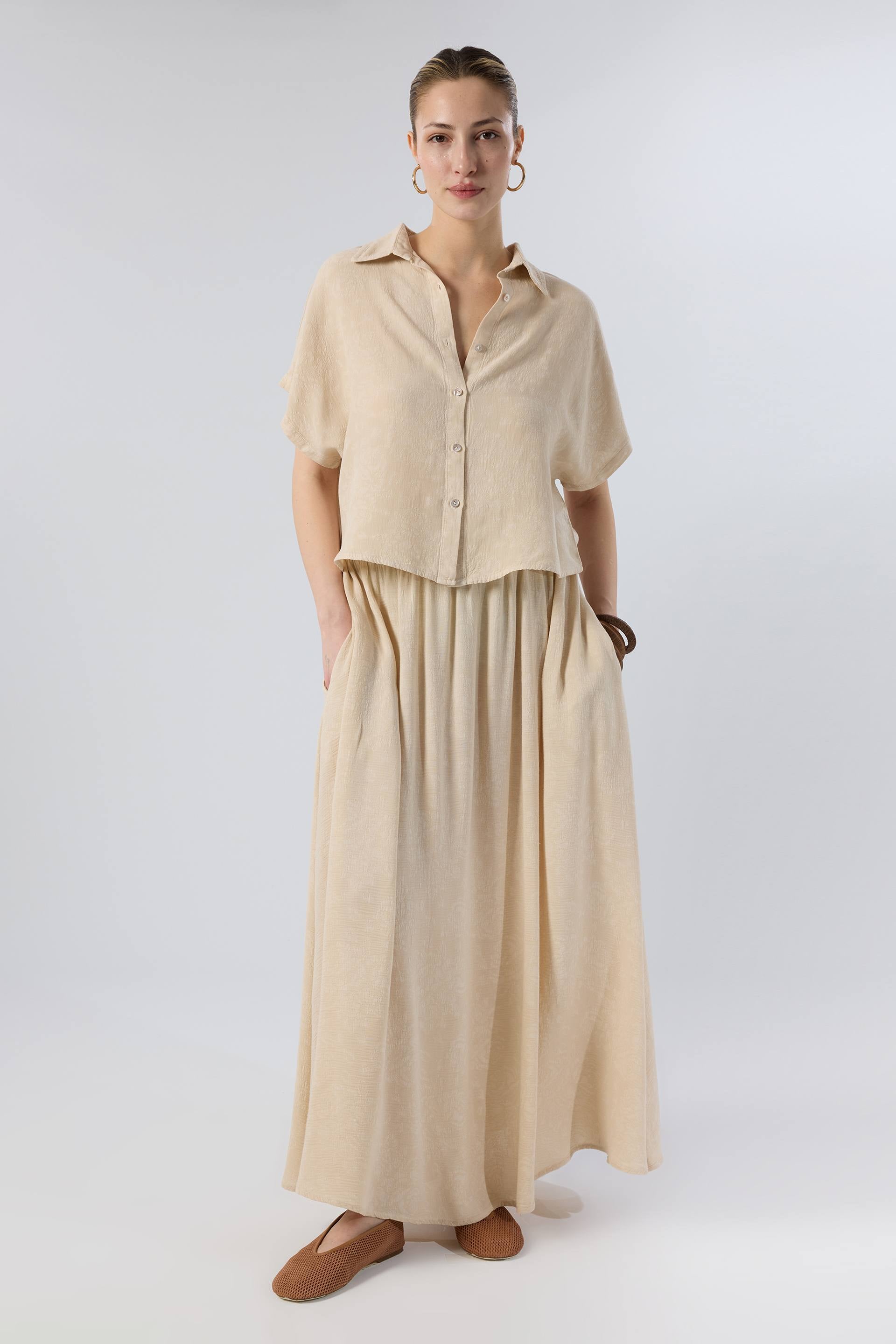 Woven Flora Dokulu Tensel Oversize Gömlek Etek #renk_Bej